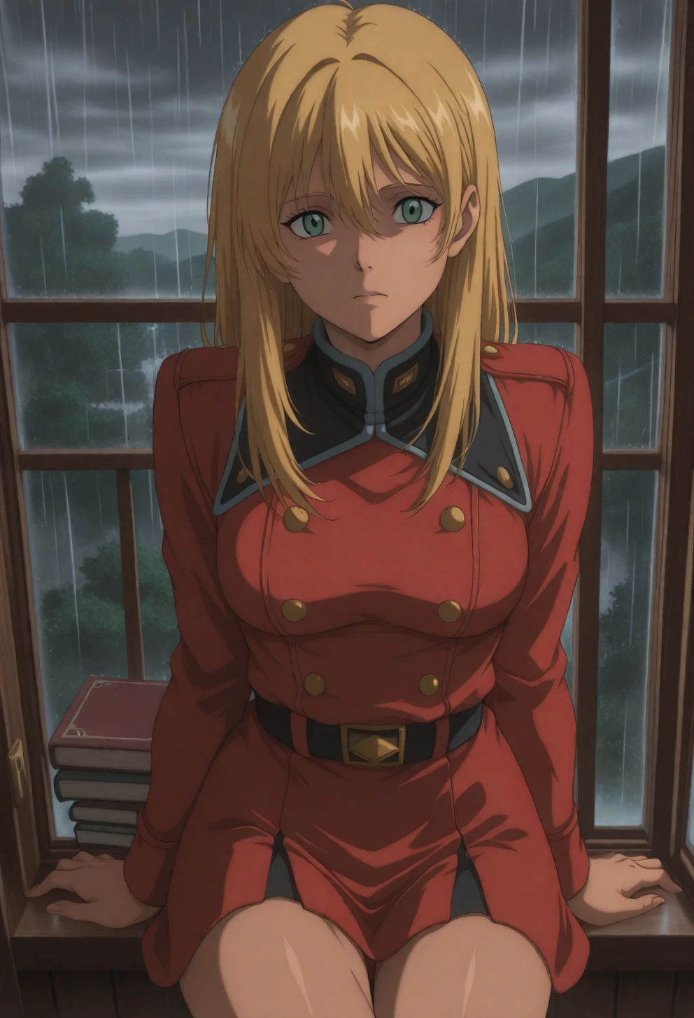 <lora:Sysdeep_char23 - [Custom Character] - IllustriousXL v1:1> sysdeep_char23, 1girl, long hair, blonde hair, green eyes, solo, medium breasts, sitting on windowsill, indoors, rain, book, wistful expression, anime coloring