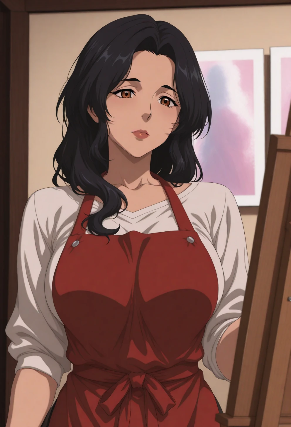 <lora:Sysdeep_char20 - [Custom Character] - IllustriousXL v1:1> sysdeep_char20, 1girl, long hair, large breasts, black hair, brown eyes, mature female, solo, wavy hair, painting, easel, indoors, apron, focused expression, light-filled studio, anime coloring
