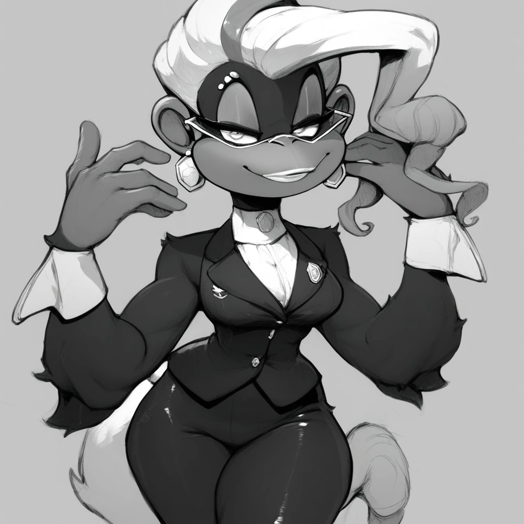 score_9, score_8_up, score_7_up, score_6_up, score_5_up, score_4_up, <lora:Poppy_Kong_-_Donkey_Kong_Bananza:0.9> poppy kong, monochrome, female anthro monkey, smug, black business suit, <lora:AllOldRPGArtS1_1990s_V1.01_LoRA:1> alloldrpgarts1