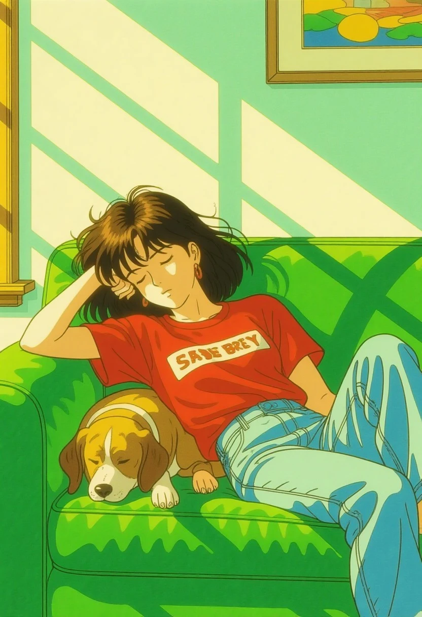 a highly detailed comic book art that combines the styles of Alex Grey, Moebius (Jean Giraud), Geoff Darrow, Edgar P. Jacobs, Enki Bilal, Brandon Graham, Linnea Sterte, James Stokoe, Hayao Miyazaki, Katsuhiro Otomo, François Schuiten, with 1990s and 2000s high-art Japanese animation styles. A girl with tousled hair naps on a green vintage couch, wearing a red band tee and loose blue jeans. Afternoon light streams through a window, casting angled shadows on the wall. A sleepy dog rests beside her. Art style: nostalgic anime with grainy halftone texture, warm palette, and slice-of-life softness evocative of 80s/90s Japanese animation.