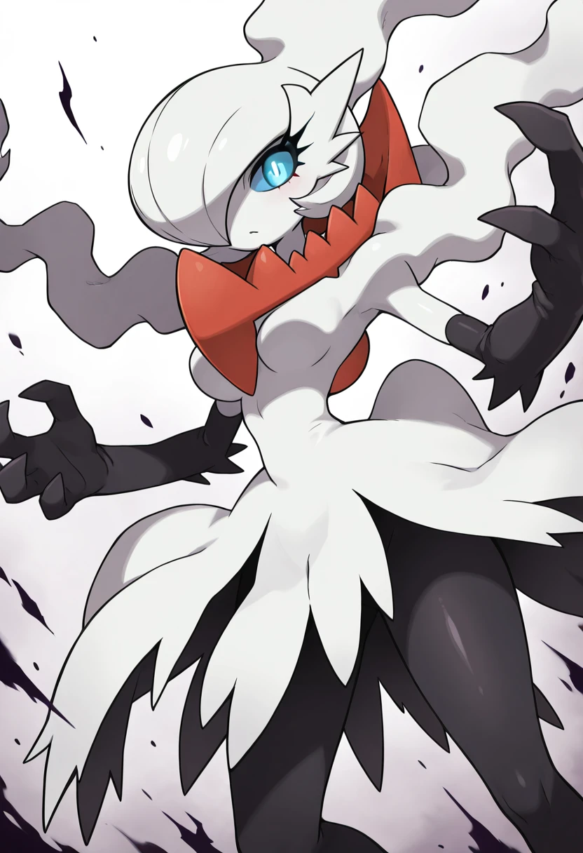 masterpiece, best quality, 1girl, solo, eyelashes, (beautiful eyes),   zzDarGardevoir, white pupils, white eyes, blue sclera, blue eyes, white skin, bob cut, white hair, long hair, hair over one eye,  white dress, black gloves, elbow gloves, black pantyhose,  glowing eye, (close up, portrait), evil, darkness, edgy, cruel, (big claw),   <lora:GardevoirXDarkrai_IXL:1.0>,