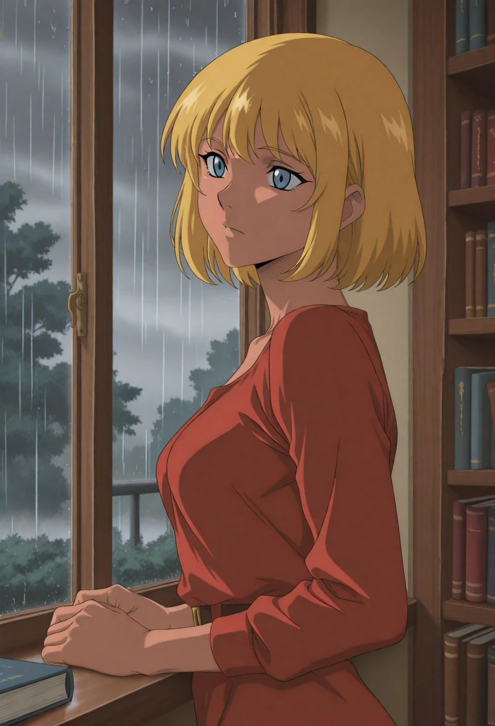 <lora:Sysdeep_char5 - [Custom Character] - IllustriousXL v1:1> sysdeep_char5, 1girl, solo, short hair, blue eyes, blonde hair, small , sitting on windowsill, indoors, rain, book, wistful expression, anime coloring