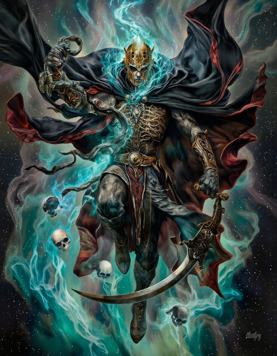 DaSeley style. A digital illustration, fantasy art shoot from a low-angle perspective, about a mysterious figure shrouded in mystical energy, wielding a scythe and surrounded by glowing skulls and swirling blue and green hues. the image also shows a dark, ominous figure in the middle of the image, standing in the center with a menacing expression. the figure appears to be a male, with a muscular physique and intricate, ornate armor, and a long, flowing cloak draped elegantly around his body. he is wearing a golden helmet with intricate designs and a necklace with a pendant. his face is obscured by a glowing aura, and his eyes are hidden from view, giving him a menacing look. his body is elongated and muscular, and he is holding a curved, ornamental sword in his right hand. his left hand is raised in a menacing gesture, while his right arm is held by a snake-like appendage, which extends from his left arm to his right. the background is a swirling nebula with skulls and a nebula-like texture, adding to the ominous atmosphere of the scene. the artist's signature is visible in the bottom right corner, adding a personal touch to the artwork.
solo, 1boy, holding, standing, full body, male focus, weapon, sword, armor, holding weapon, skull, holding sword, dual wield, snitch, glowing, skeletal, scepter
camera_angle: low angle, art_style: digital illustration from below, location: cosmic background, background: swirling blue-green hues with skulls, text: NA, shoes: NA;NA, clothing: ornamental armor;dark cloak with red accents;dark armor, accessory: necklace with pendant, hair_color: gold;dark, distance_to_camera: full body;full body, hair _style: ornate;scary, ear: N/A, eye_color : NA;na, race: dark skin;dark skin, body: muscular;scaly, image_composition: middle;middle, facing_direction: facing viewer;facing viewer, facial_expression: menacing, gender: no human;no human, action: standing with a weapon in hand;scythe in motion;hands in the air;skeletal weapon;holding a spear, eyes closed, pants: long cloak