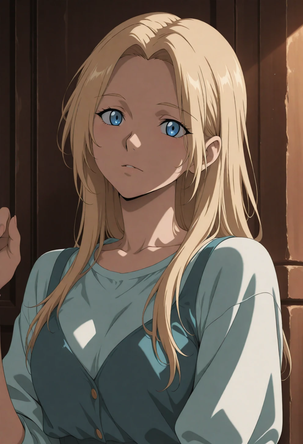 <lora:Sysdeep_char18 - [Custom Character] - IllustriousXL v1:1> sysdeep_char18, 1girl, solo, long hair, blue eyes, blonde hair, parted bangs, leaning against wall, casual outfit, intense look, moody lighting, anime coloring