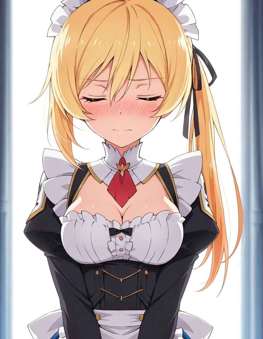 cinematic still Volumetric Lighting, (masterpiece), (best quality), (ultra-detailed), masterpiece, source_anime, score_9, score_8_up, score_7_up BREAK, illustration, disheveled hair, detailed eyes, perfect composition, moist skin, intricate details, detailed eyes, detailed face, detailed fingers BREAK, LisesharteAtismata, 1girl, solo, breasts, blush, ribbon, cleavage, medium breasts, closed eyes, hair ribbon, apron, side ponytail, maid, maid headdress, detached collar, embarrassed, waist apron, v arms, enmaided, 3: