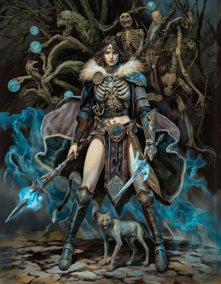 DaSeley style. A digital illustration shoot from a front angle about a skeletal figure holding a staff with glowing blue orbs in a dark, eerie environment. the image also shows skeletal figures and a small creature in the background. on the middle of the image, a female skeleton warrior stands confidently, holding a spear in one hand and a glowing blue orb in the other. she appears to be in her mid-twenties, with pale skin and a stern expression on her face. her armor is intricately detailed, with a variety of textures and patterns. she is wearing a feathered collar and armor, which complements her skeletal features. her full body is visible from the waist down, and she is standing with her legs slightly apart. beside her, a small, slender creature, possibly a cat, is also visible. the background is dark and mysterious, with swirling blue smoke and eerie elements. the overall mood is ominous and foreboding, with hints of mystery and intrigue.
solo, 1girl, holding, standing, full body, weapons, nude, animal, sword, holding weapon, monster girl, skeleton, holding staff, creature, skeletal, holding orb, fangs
camera_angle: from front, art_style: digital illustration, location: dark fantasy setting, background: dark, mysterious setting with eerie foliage and glowing blue objects, text: NA, hair_style : long hair, eye_direction: looking at viewer, image_composition: middle, clothing: ornate armor, fur trim, detailed armor, pants: none, distance_to_camera: full body