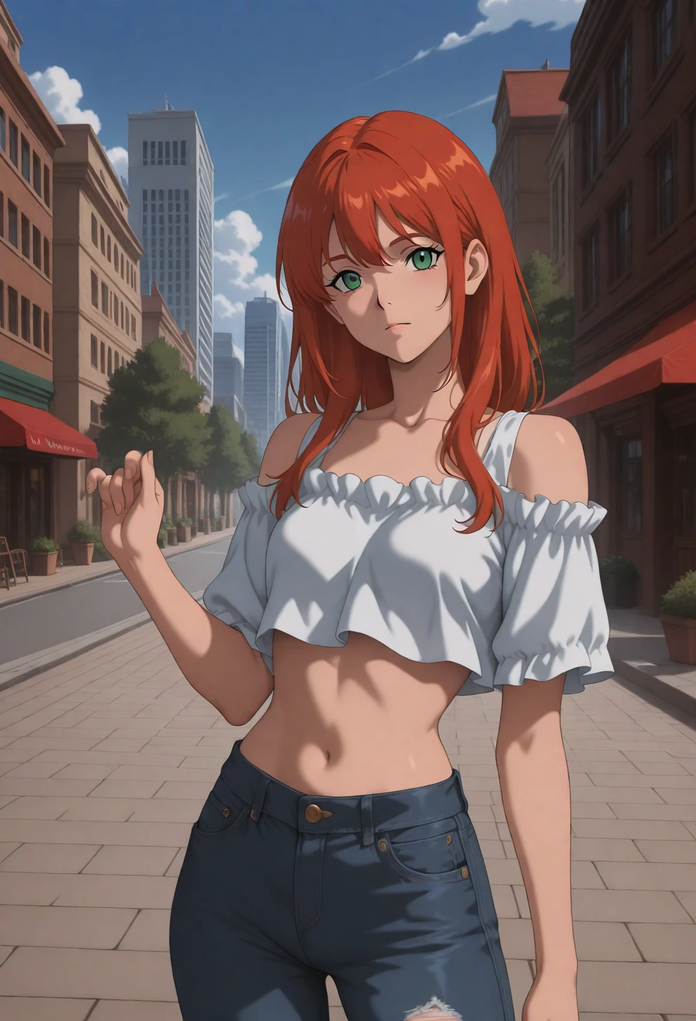 <lora:Sysdeep_char22 - [Custom Character] - IllustriousXL v1:1> sysdeep_char22, 1girl, long hair, green eyes, red hair, solo, orange hair, small breasts, posing, city street, jeans, crop top, looking at viewer, casual fashion, anime coloring