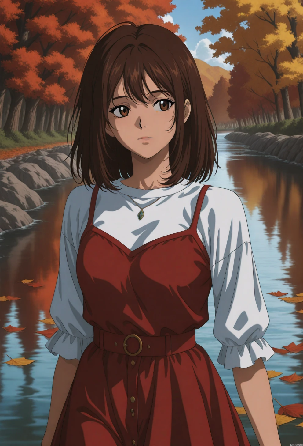 <lora:Sysdeep_char15 - [Custom Character] - IllustriousXL v1:1> sysdeep_char15, 1girl, solo, brown hair, brown eyes, medium hair, , walking along river, autumn leaves, casual outfit, serene look, anime coloring