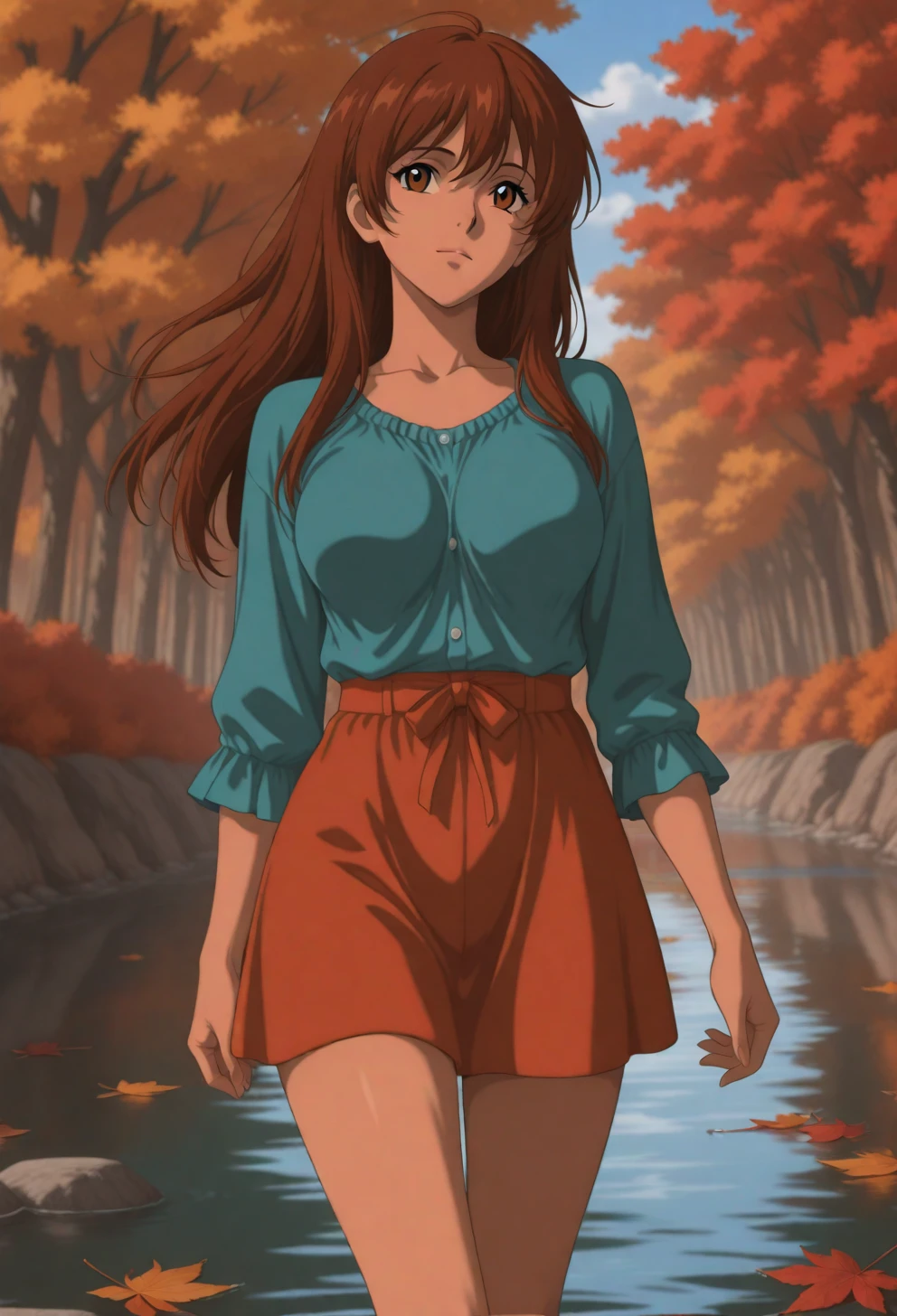 <lora:Sysdeep_char19 - [Custom Character] - IllustriousXL v1:1> sysdeep_char19, 1girl, solo, long hair, brown hair, brown eyes, , , walking along river, autumn leaves, casual outfit, serene look, anime coloring