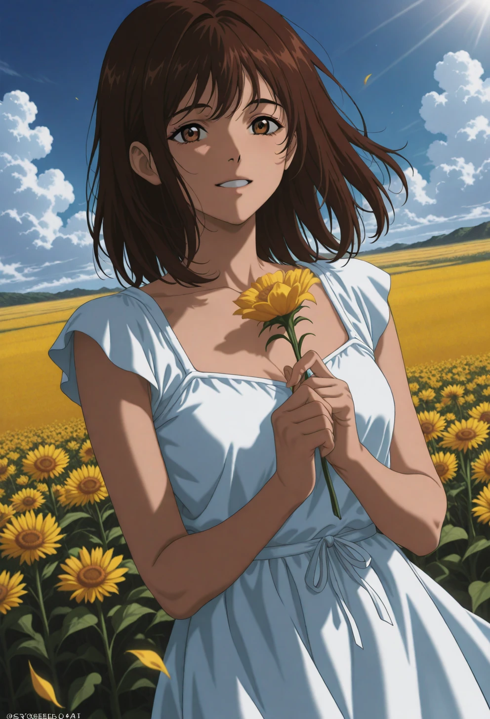 <lora:Sysdeep_char15 - [Custom Character] - IllustriousXL v1:1> sysdeep_char15, 1girl, solo, brown hair, brown eyes, medium hair, , holding flowers, field, sundress, gentle smile, glowing sunlight, anime coloring