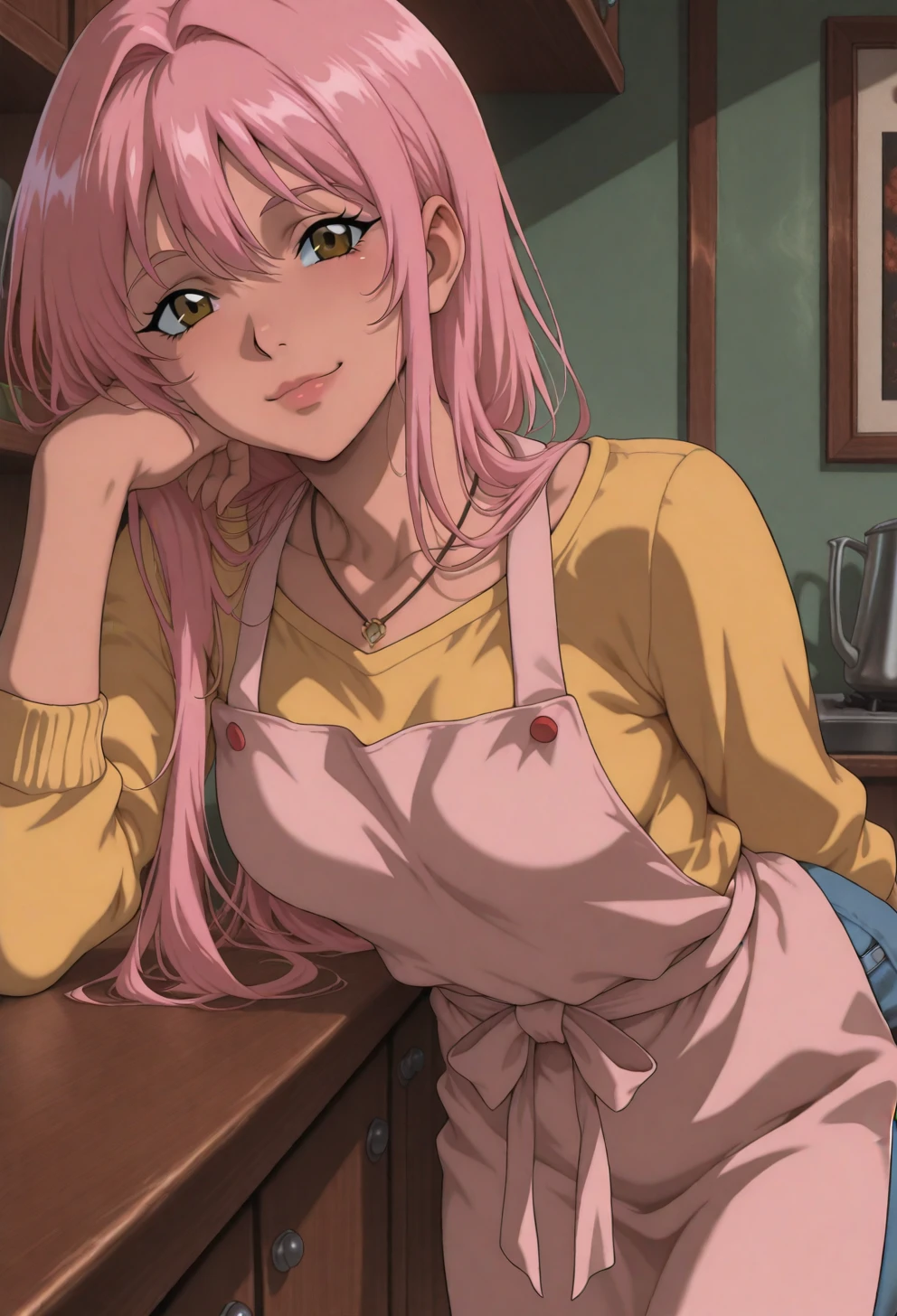 <lora:Sysdeep_char7 - [Custom Character] - IllustriousXL v1:1> sysdeep_char7, 1girl, solo, long hair, pink hair, brown eyes, , leaning on counter, casual outfit, apron, mischievous smile, anime coloring