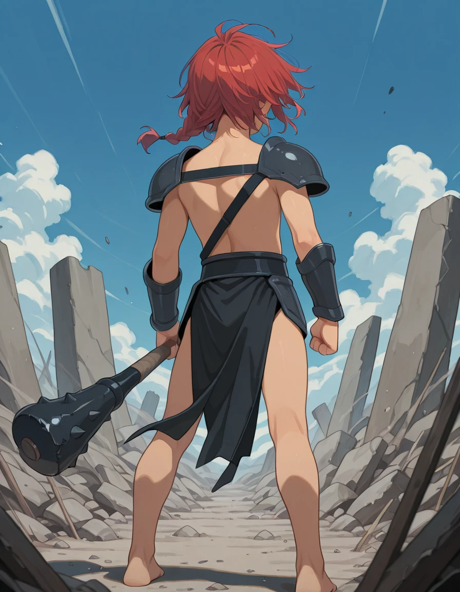 masterpiece, best quality, amazing quality, very aesthetic, absurdres, newest,, detailed background, movie scene, cinematic scene, cinematic,,
Enialio_greek_mythology, 1boy, male focus,,
medium hair, red hair, braid, single braid, side braid,,
pectorals, nipples, abs, toned male, navel,,
armor, shoulder armor, vambraces,,
pelvic curtain, topless male,,