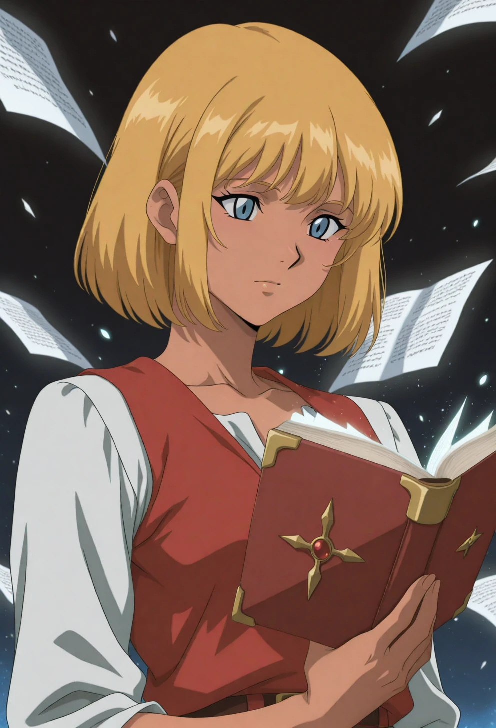 <lora:Sysdeep_char5 - [Custom Character] - IllustriousXL v1:1> sysdeep_char5, 1girl, solo, short hair, blue eyes, blonde hair, small , holding spellbook, floating pages, magical particles, concentrated look, anime coloring