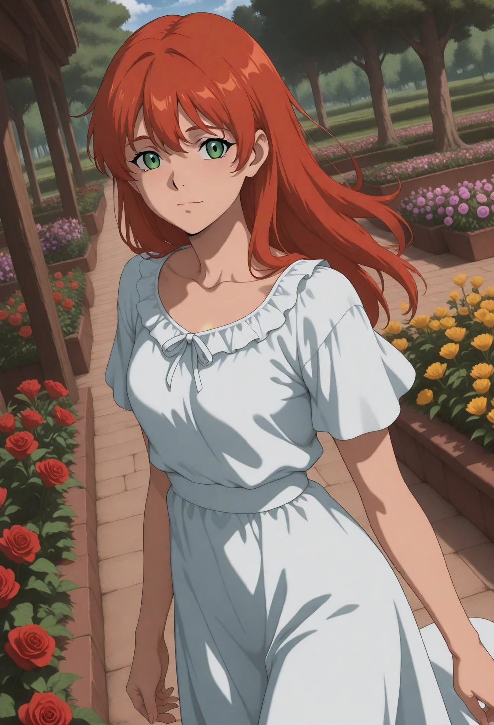 <lora:Sysdeep_char22 - [Custom Character] - IllustriousXL v1:1> sysdeep_char22, 1girl, long hair, green eyes, red hair, solo, orange hair, small breasts, walking through garden, flowers, long dress, serene expression, anime coloring