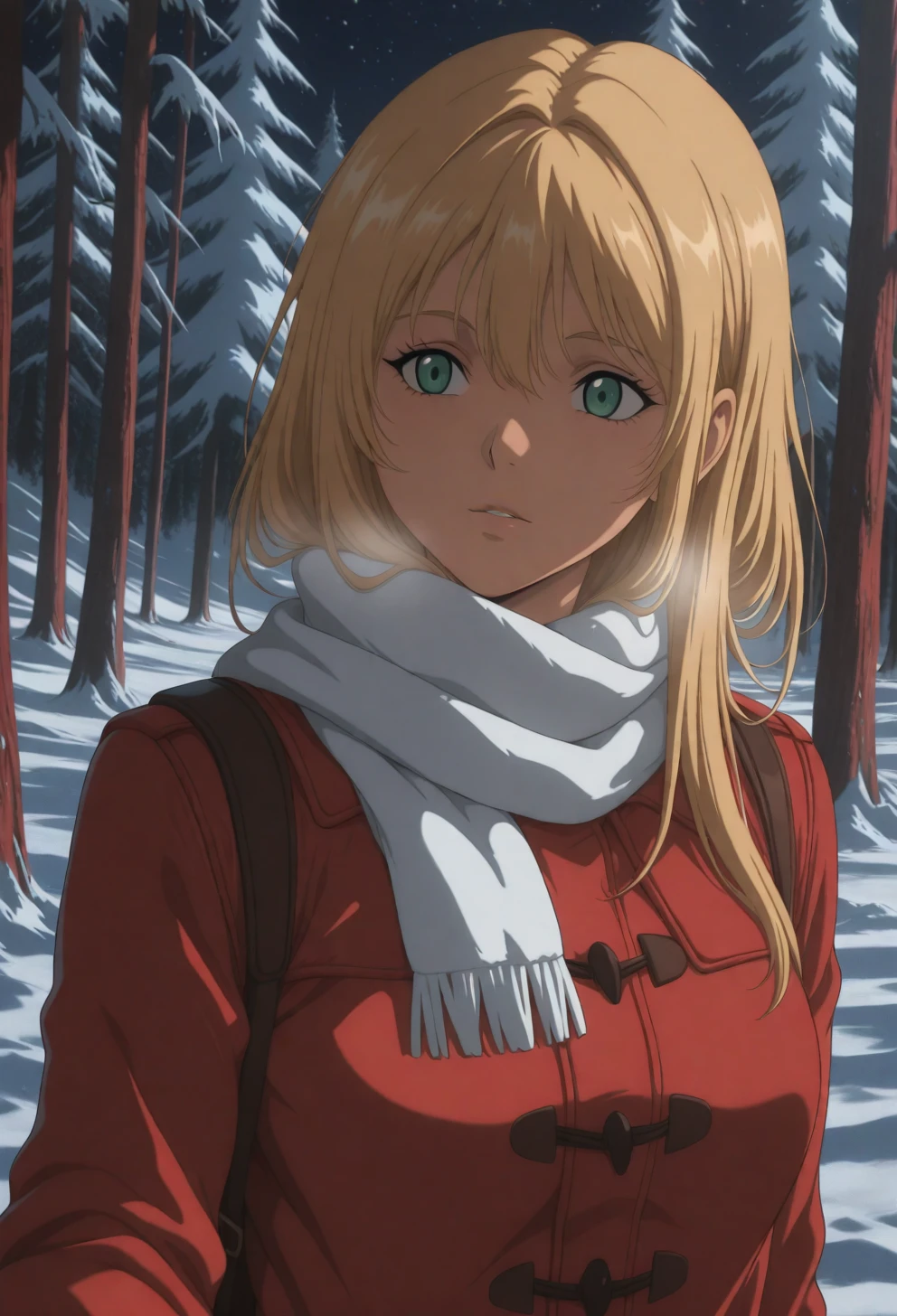 <lora:Sysdeep_char23 - [Custom Character] - IllustriousXL v1:1> sysdeep_char23, 1girl, long hair, blonde hair, green eyes, solo, medium breasts, walking through snow, winter coat, scarf, peaceful vibe, snowy forest, anime coloring
