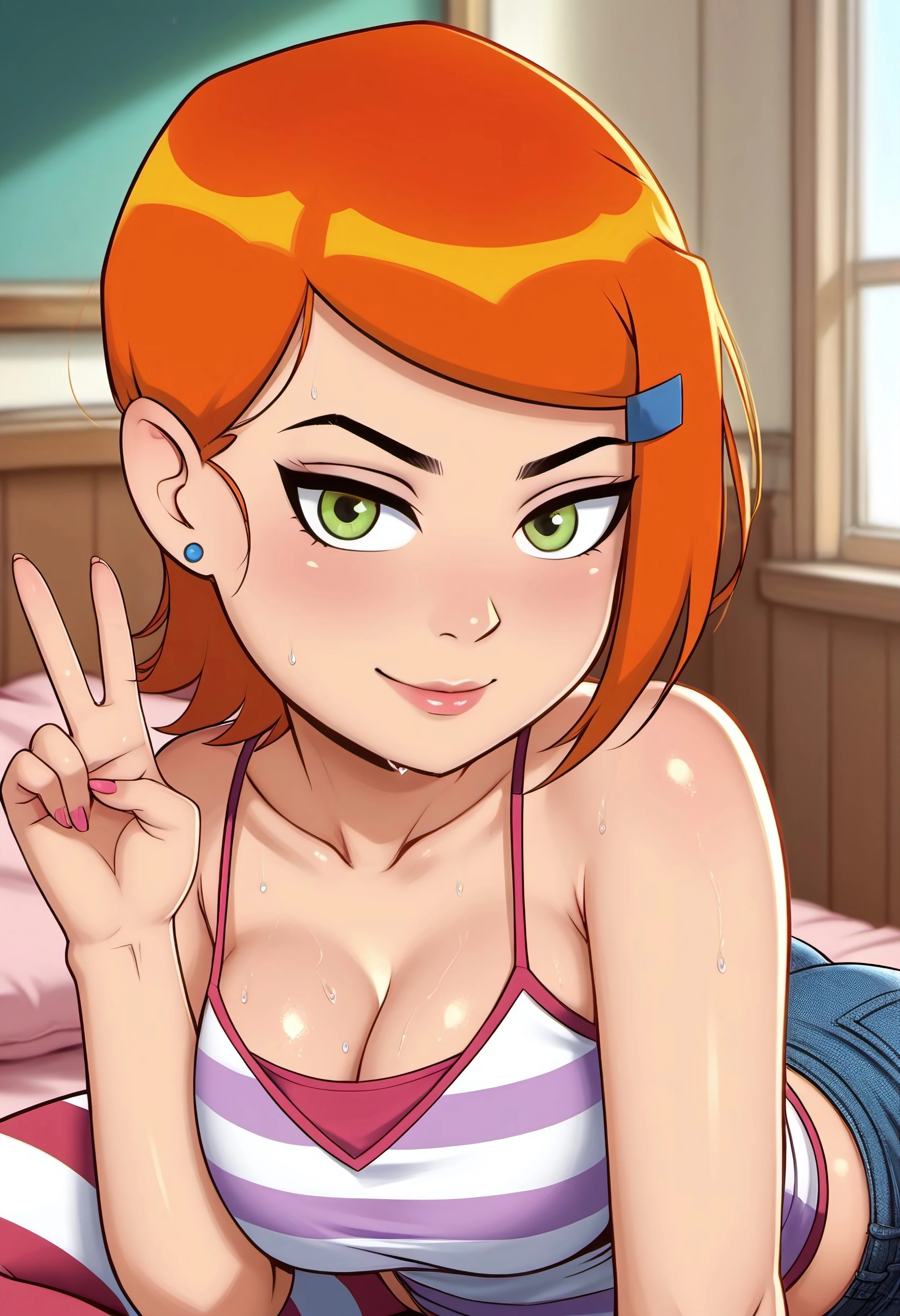 score_9, score_8_up, score_7_up, realistic, realism, HD, perfect quality, 16k, very detailed, realistic lighting, detailed face, cinematic light, vivid colors like HDR+, sharp focus, score_9, epic-Ultra-HD-details, epic-Ultra-HD-highlights, photo-same-realistic upscaled-resolution, source_Cartoon, analog photo, ultra-realism, physically-realistic, lit, cutesie, 50mm lens aperture opening of f/4.0 [Ben 10 Series], BREAK, (((good_hands))), (((perfect eyes, (light_smile:0.5)))), BREAK, solo, 1girl, Style-VALKER, solo, 1girl, (((Gwen-Valker, green eyes, orange hair, short hair, earrings, jewelry, hairclip, hair ornament))), eye_focus, ((large breasts, big ass)), (bedroom eyes), (sweaty skin:1.2), looking at viewer, nervous, seductive, sensual, medium body size, slightly small neck, plumb body, voluptuous hips and thighs, curvy body size, microwaist, (feminine body, soft body:1.5), BREAK, solo, thighhighs, striped, shorts, v, striped thighhighs, jewelry, looking at viewer, denim, smile, short shorts, breasts, camisole, denim shorts, tank top, indoors, laying on the bed, luxurious room