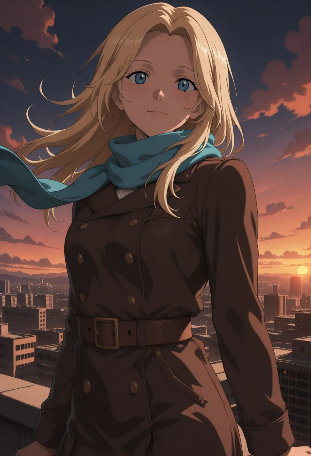 <lora:Sysdeep_char18 - [Custom Character] - IllustriousXL v1:1> sysdeep_char18, 1girl, solo, long hair, blue eyes, blonde hair, parted bangs, posing on rooftop, sunset, urban background, flowing scarf, adventurous, anime coloring