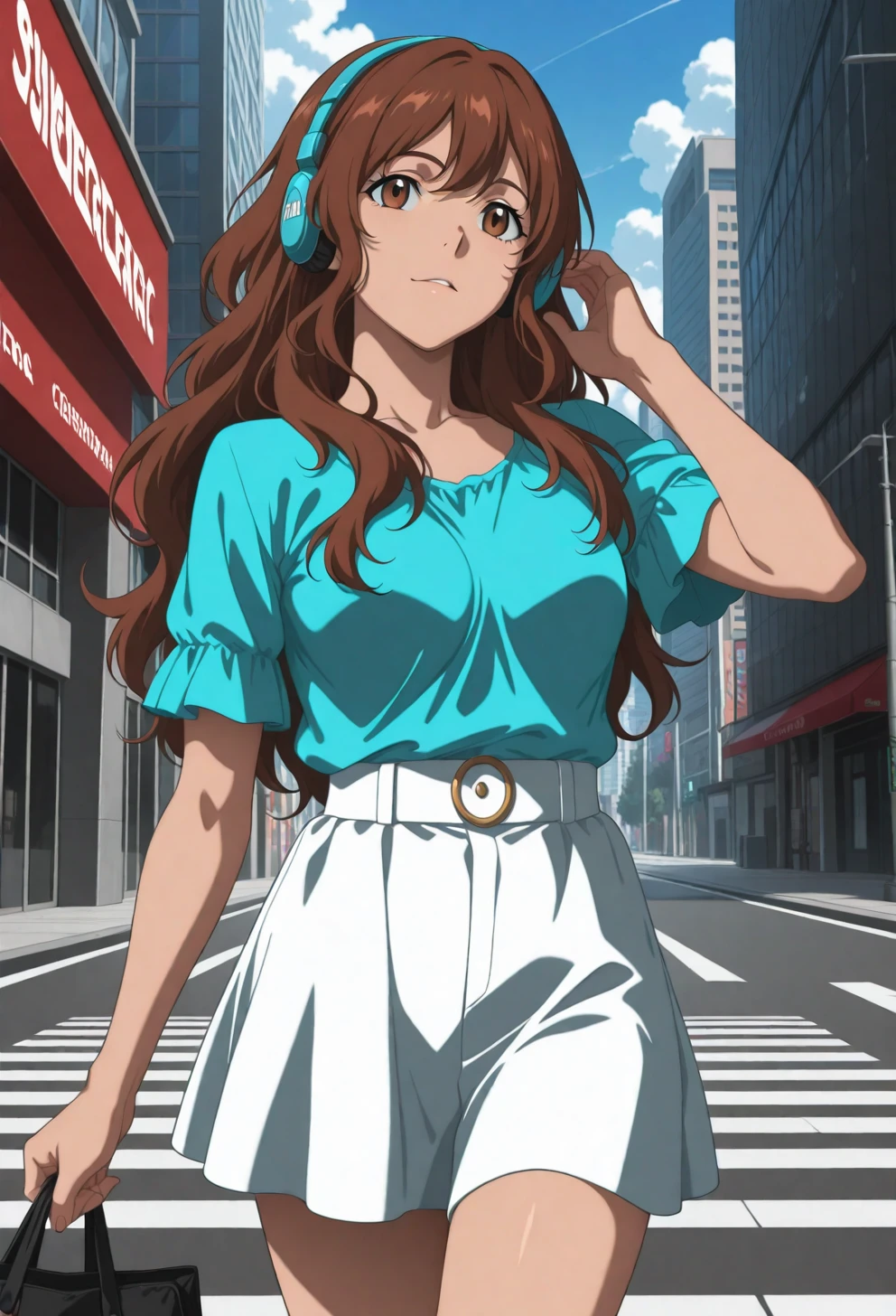 <lora:Sysdeep_char16 - [Custom Character] - IllustriousXL v1:1> sysdeep_char16, 1girl, solo, brown hair, brown eyes, wavy hair, long hair, , walking through city, casual outfit, headphones, relaxed expression, anime coloring