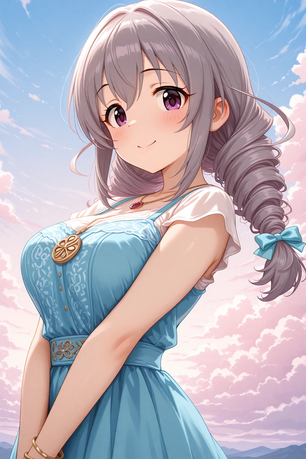masterpiece, best quality, amazing quality, 1girl, solo, makeup, general, cowboy shot, looking at viewer, blush, dramatic angle, smile, from side, cloud, sky, outdoors, v arms, <lora:Sakakibara_Satomi_Cinderella:1>, Sakakibara_Satomi_Cinderella, long hair, grey hair, large breasts, twintails, purple eyes, twin braids, twin drills, bow, hair bow, ribbon, hair between eyes, dress, bow, ribbon, jewelry, white shirt, hair ribbon, short sleeves, hair bow, sleeveless, necklace, bracelet, sleeveless dress, blue dress, pendant, <lora:wai-A3-V140:1>, <lora:illustrious_noobai_epsilon_pred_1_masterpieces_v1:1>