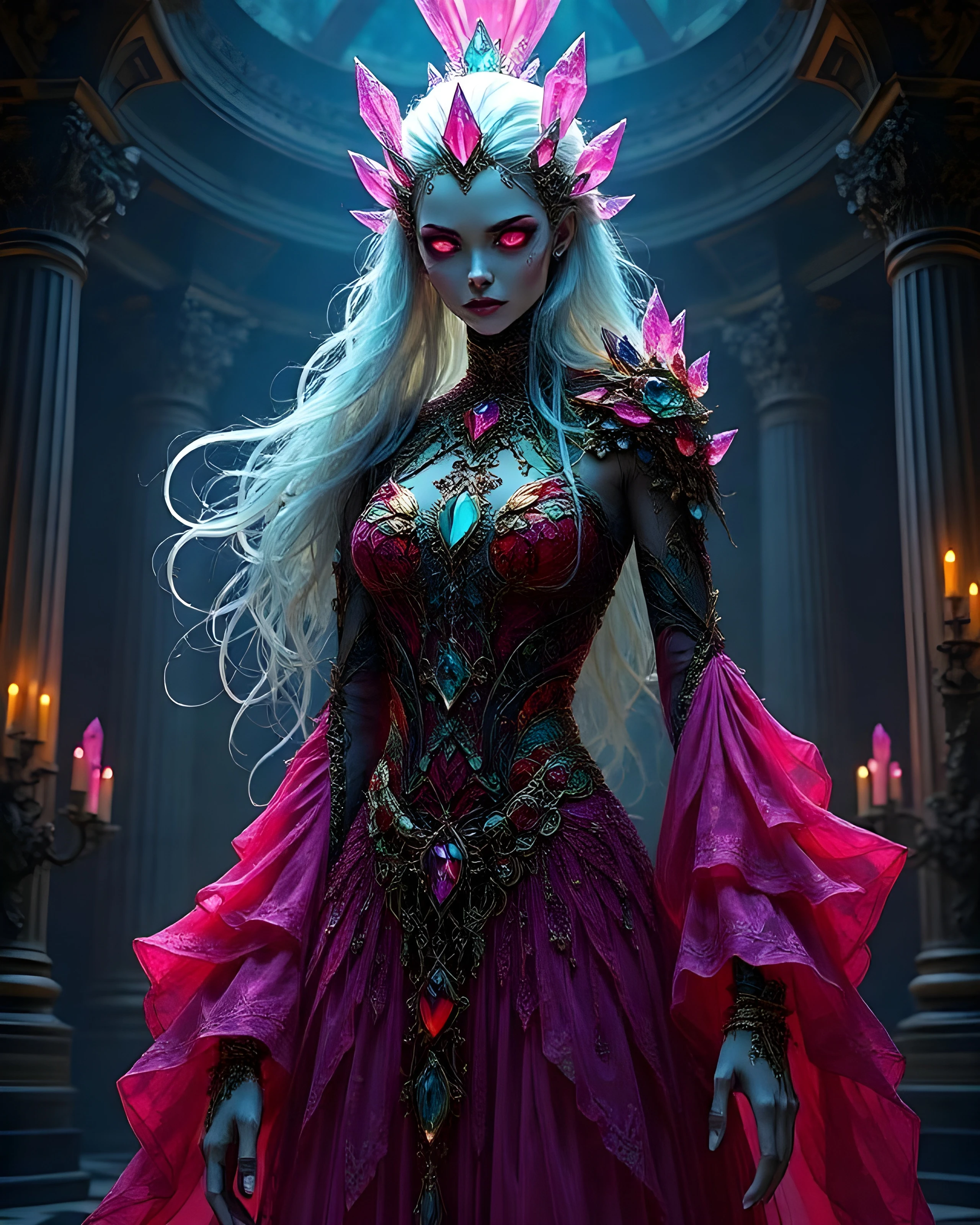 A fantastical figure stands in a dimly lit, opulent room adorned with columns and candles. The character, with striking white hair and glowing pink eyes, wears an elaborate gown featuring shades of deep pink and rich textures, embellished with gemstone-like accents in turquoise, purple, and red. A crown made of pink crystals adorns her head, adding to her regal yet eerie presence. The atmosphere is mystical and dramatic, emphasizing her commanding figure against a backdrop of gothic architecture.