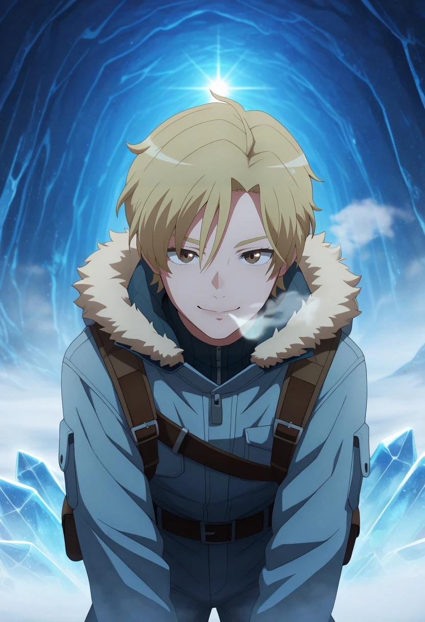 masterpiece, best quality, amazing quality, very aesthetic, high resolution, ultra-detailed, absurdres, newest, colorful, highest detailed, very awa, , (3d:0.4), looking at viewer, leaning forward, subtle smile, icy tundra cave, explorer outfit with fur trim, reflective ice walls, natural light refraction, glowing crystals, fog breath, high-res textures, dark blue lighting palette, sharp ice details, panoramic view, cinematic wilderness, realism focus, 8k visual fidelity, 1boy, solo, male focus, <lora:hijiri_koganei_ilxl:0.92>, hijiri_koganei, blonde hair, brown eyes, short hair,