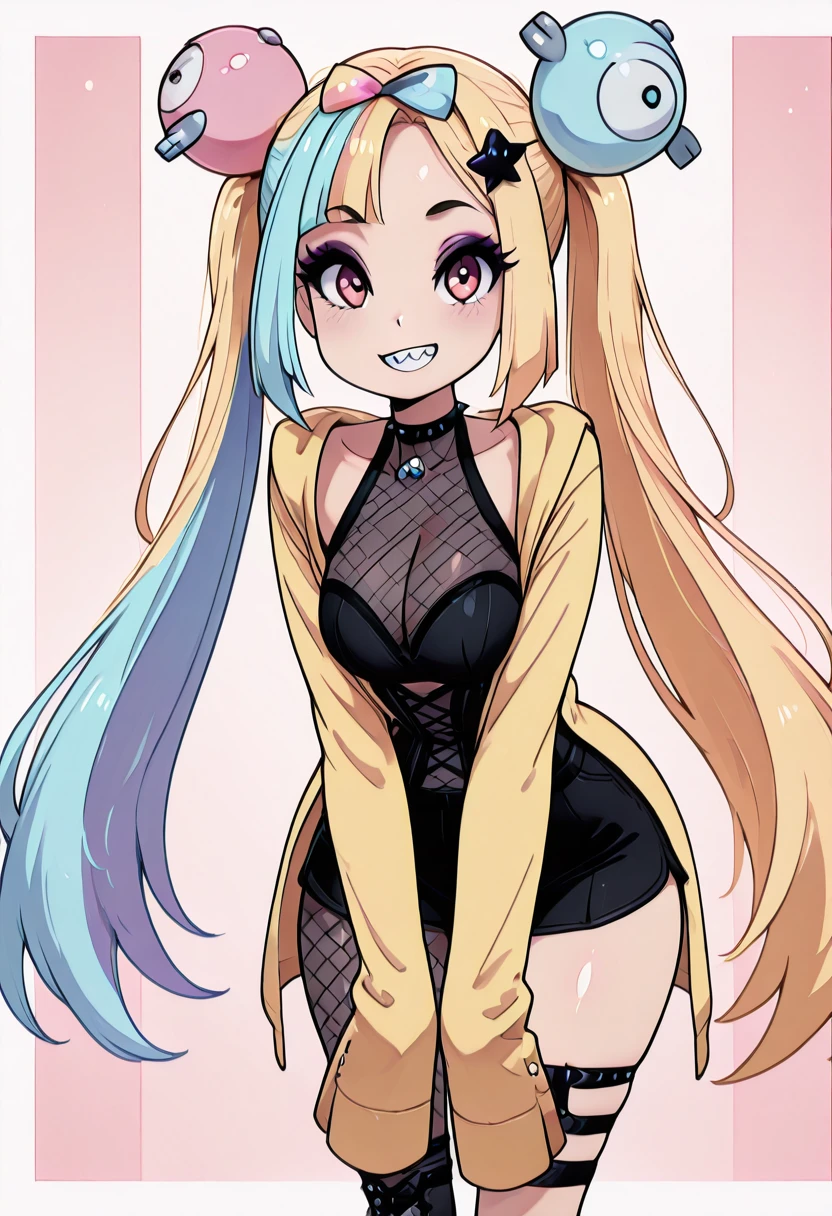 masterpiece, best quality, solo, curvy, beautiful eyes, narrow waist, wide hips, 1girl, solo, smile, looking at viewer, foreshortening, close up, zzIonoG, pink eyes, blonde hair, blue hair, pink hair, multicolored hair, twintails, eyeshadow, bow-shaped hair, character hair ornament, hair ornament, long hair, split-color hair, goth, black corset, black shorts, sharp teeth, sleeves past fingers, yellow jacket, oversized clothe, fishnets, single leg pantyhose, <lora:IonoGoth_IXL_v2:1.0>, , cowboy shot, leaning forward, smile, looking at viewer, shiny skin,