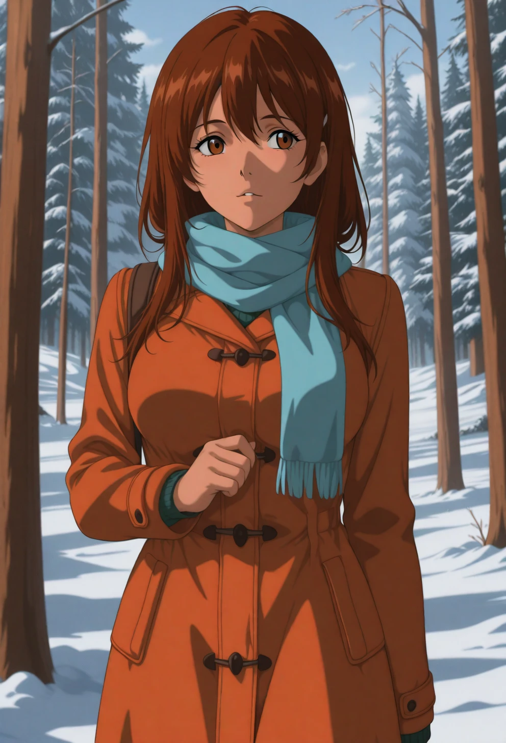 <lora:Sysdeep_char19 - [Custom Character] - IllustriousXL v1:1> sysdeep_char19, 1girl, solo, long hair, brown hair, brown eyes, , , walking through snow, winter coat, scarf, peaceful vibe, snowy forest, anime coloring