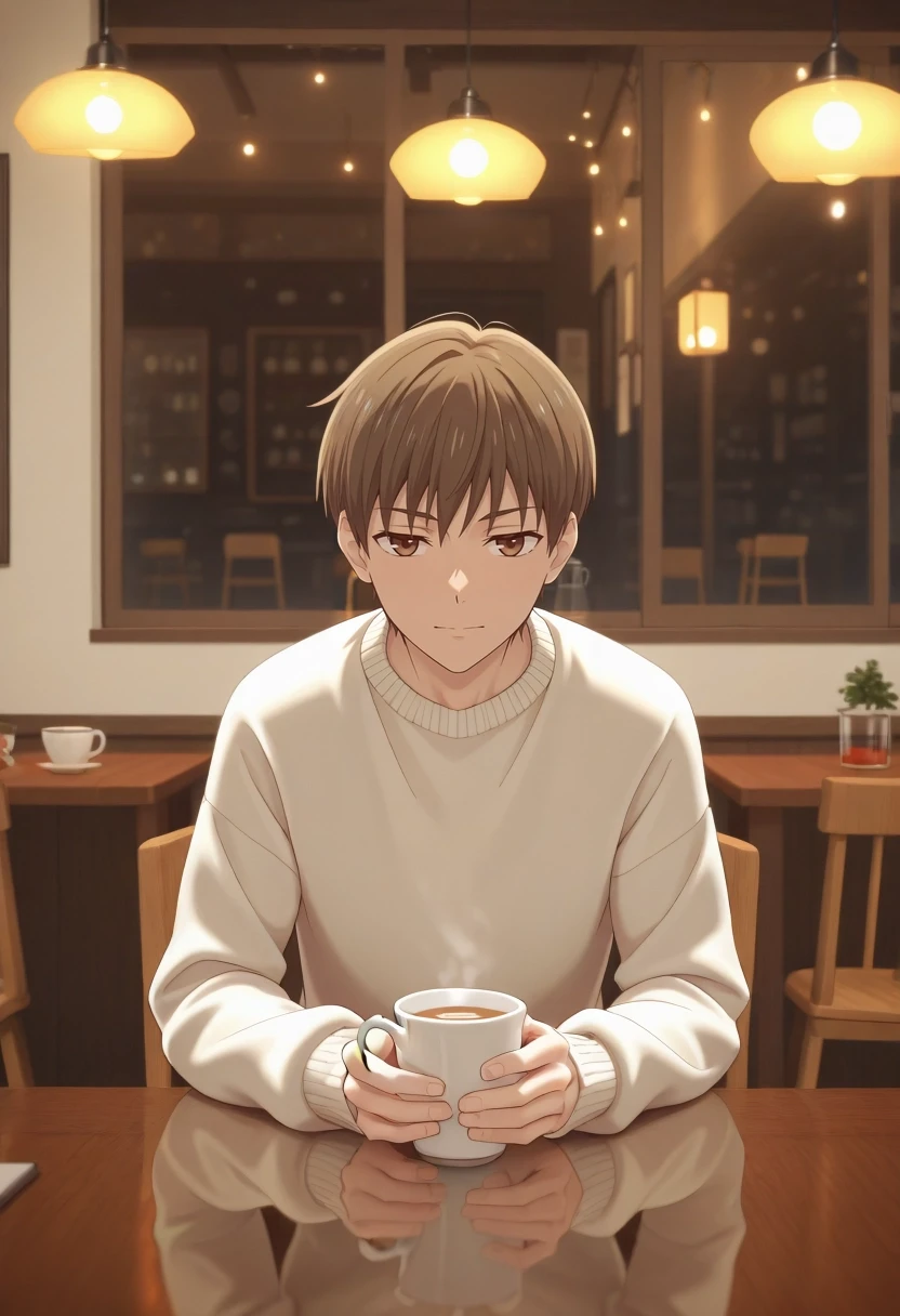 masterpiece, best quality, amazing quality, very aesthetic, high resolution, ultra-detailed, absurdres, newest, colorful, highest detailed, very awa, 3d, sitting at coffee shop window seat, thoughtful gaze outside, light sweater and jeans, cup of tea on table, reflections in glass, pedestrians passing \(background\), hanging lamps above, subtle mood, wooden table and chair set, 1boy, solo, male focus, <lora:naohito_sakuragi_ilxl:0.98>, naohito_sakuragi, brown hair, brown eyes, short hair,