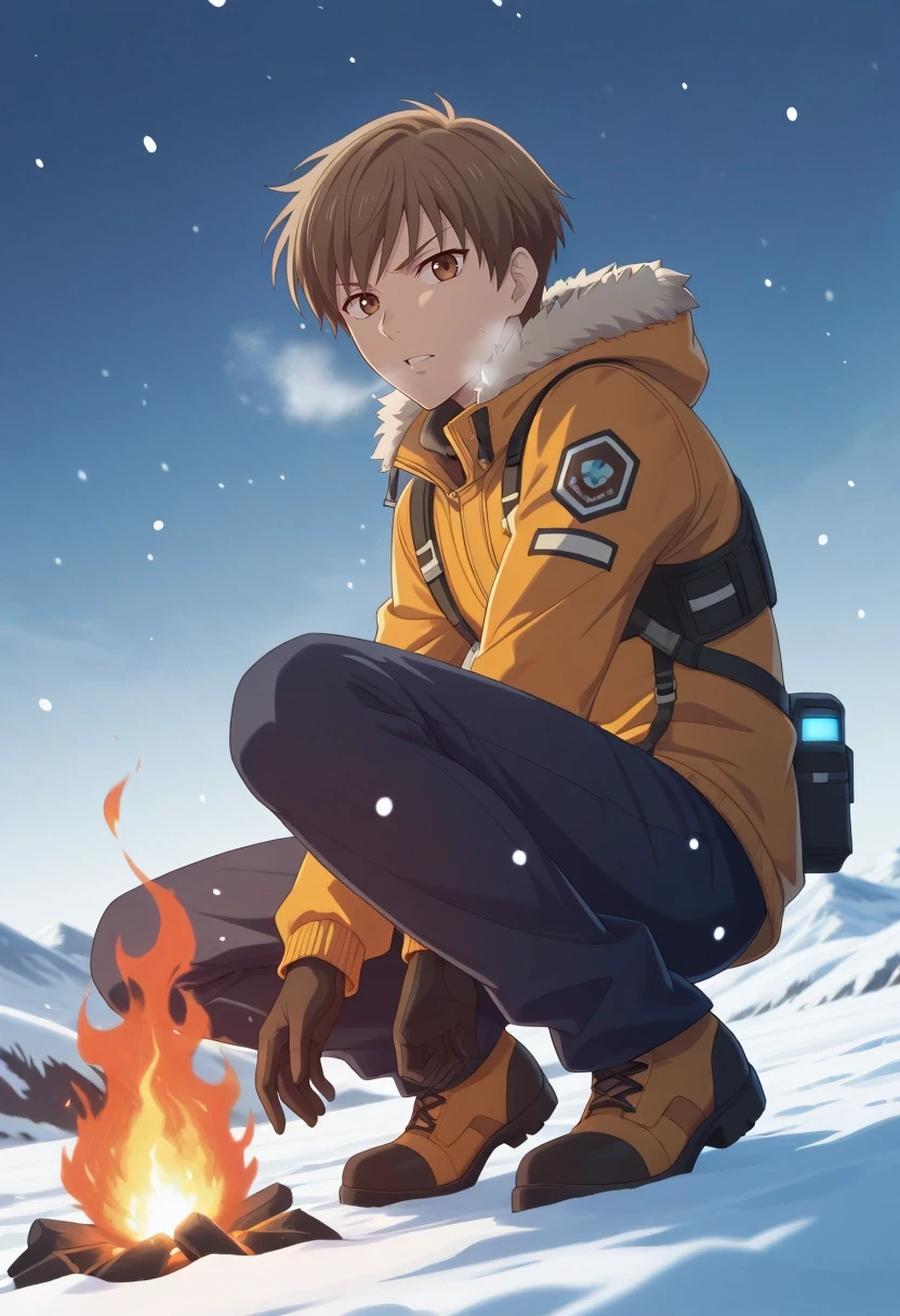 masterpiece, best quality, amazing quality, very aesthetic, high resolution, ultra-detailed, absurdres, newest, colorful, highest detailed, very awa, , , looking at viewer, crouched beside fire, determined look, arctic survival camp, fur lined parka, glowing firelight, snow falling \(background\), freezing wind effect, tundra landscape, low angle view, heat contrast, breath in cold air, survival gear detail, 4k realism, cinematic intensity, desaturated cool palette, 1boy, solo, male focus, <lora:naohito_sakuragi_ilxl:1>, naohito_sakuragi, brown hair, brown eyes, short hair,