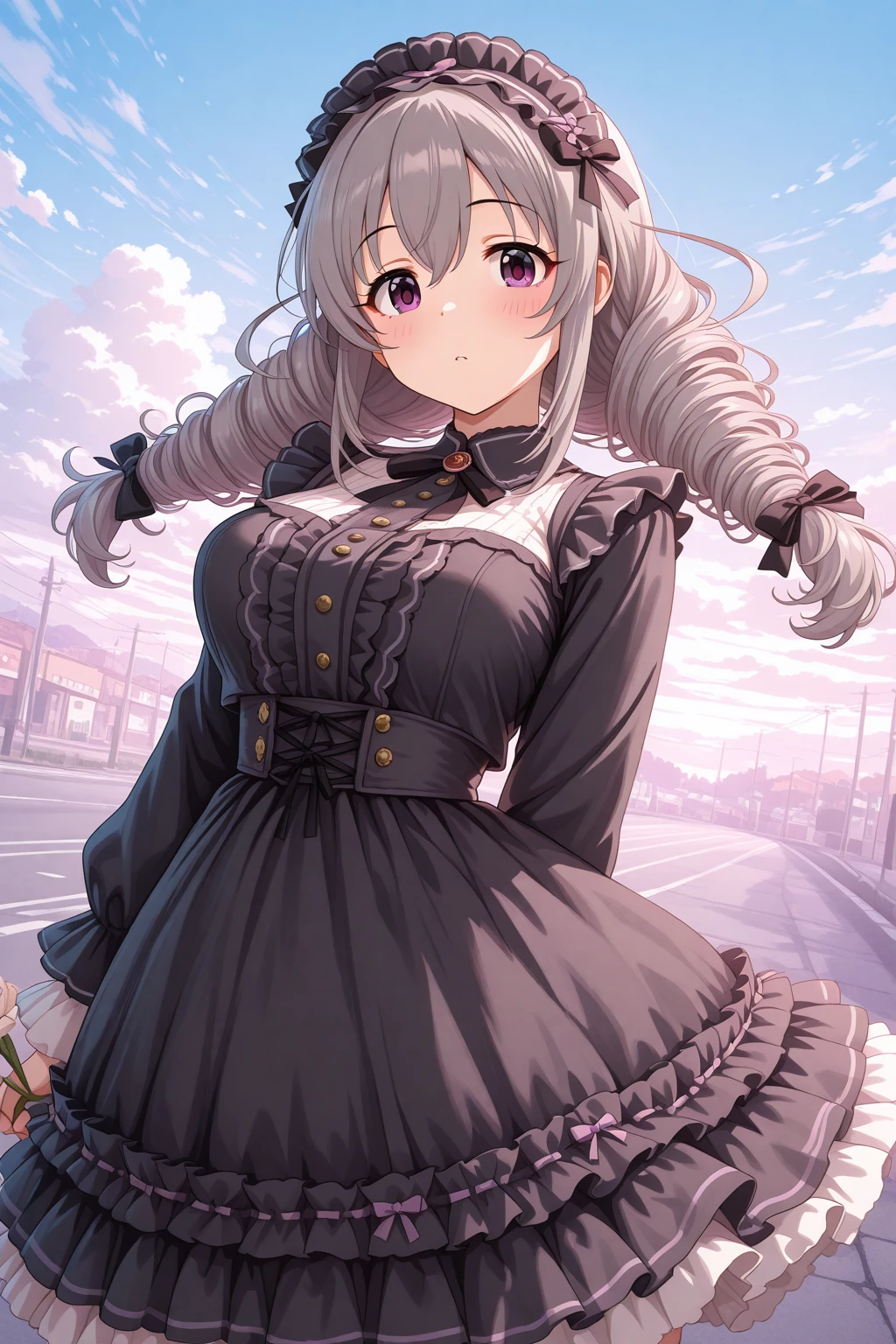 masterpiece, best quality, amazing quality, 1girl, solo, makeup, general, cowboy shot, looking at viewer, blush, dramatic angle, beautiful scenery, japan suburban, road, wind, holding lily, beautiful, sky, cloud, morning, <lora:Sakakibara_Satomi_Cinderella:1>, Sakakibara_Satomi_Cinderella, long hair, grey hair, large breasts, twintails, purple eyes, twin braids, twin drills, bow, hair bow, ribbon, hair between eyes, sweet fashion, frilly dress, pastel colors, lace trim, puffy sleeves, ribbon bows, petticoat, high collar, Victorian influence, kawaii aesthetic, doll-like, elegant gothic style, sweet headdress, <lora:wai-A3-V140:1>, <lora:illustrious_noobai_epsilon_pred_1_masterpieces_v1:1>