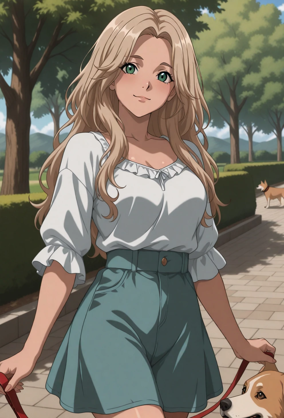 <lora:Sysdeep_char21 - [Custom Character] - IllustriousXL v1:1> sysdeep_char21, 1girl, solo, long hair, green eyes, blonde hair, light brown hair, wavy hair, medium breasts, walking dog, park, leash, casual outfit, sunny day, cheerful mood, anime coloring