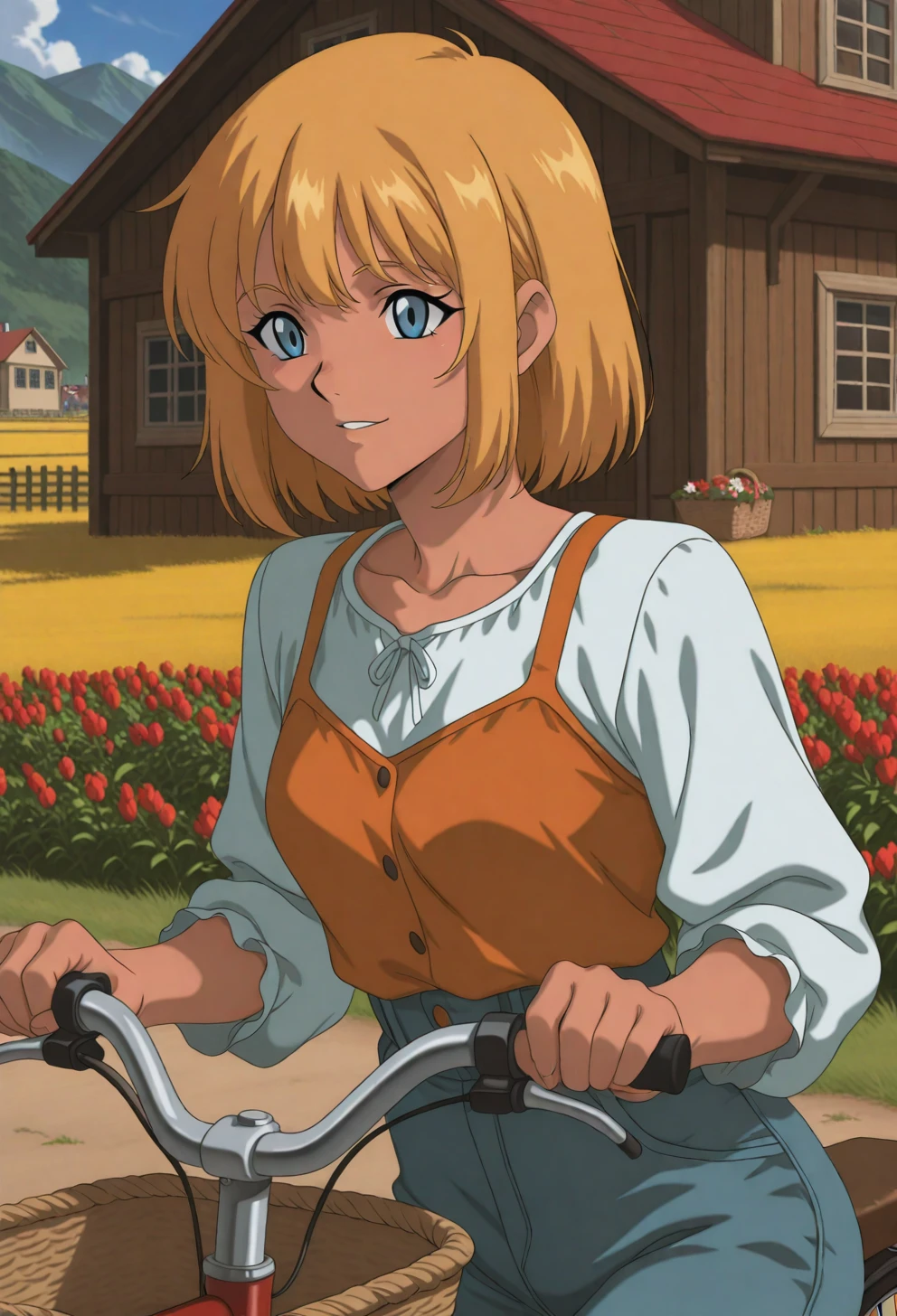 <lora:Sysdeep_char5 - [Custom Character] - IllustriousXL v1:1> sysdeep_char5, 1girl, solo, short hair, blue eyes, blonde hair, small , riding a bicycle, countryside, sunny, casual outfit, basket with flowers, anime coloring