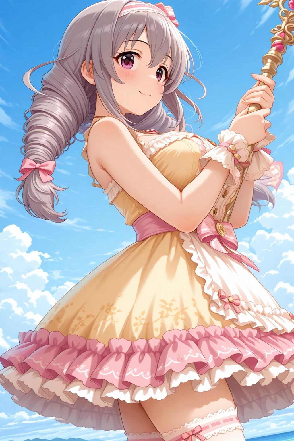 masterpiece, best quality, amazing quality, 1girl, solo, makeup, general, cowboy shot, looking at viewer, blush, dramatic angle, smile, from side, cloud, outdoors, hands up, holding staff, <lora:Sakakibara_Satomi_Cinderella:1>, Sakakibara_Satomi_Cinderella, long hair, grey hair, large breasts, twintails, purple eyes, twin braids, twin drills, bow, hair bow, ribbon, hair between eyes, hair ornament, dress, thighhighs, bow, ribbon, jewelry, bare shoulders, frills, hairband, sleeveless, necklace, wrist cuffs, sleeveless dress, frilled dress, yellow dress, frilled thighhighs, hair bow, pink eyes, white thighhighs, pink bow, <lora:wai-A3-V140:1>, <lora:illustrious_noobai_epsilon_pred_1_masterpieces_v1:1>