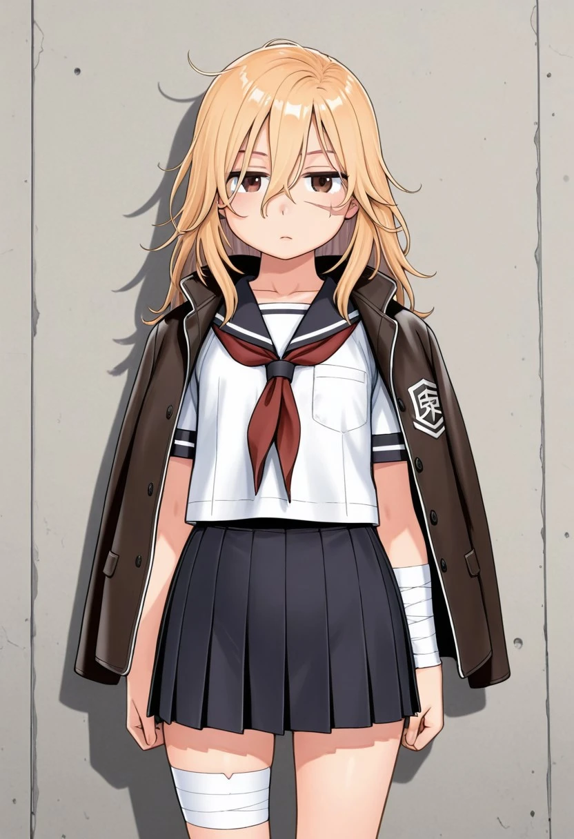karmatatsurou, masterpiece, solo,1girl, solo, looking at viewer, blonde hair, hair between eyes, school uniform,jacket, brown eyes, pleated skirt, serafuku, sailor collar, skirt, scar, bandages, scar on face, bandaged arm, jacket on shoulders, bandaged leg