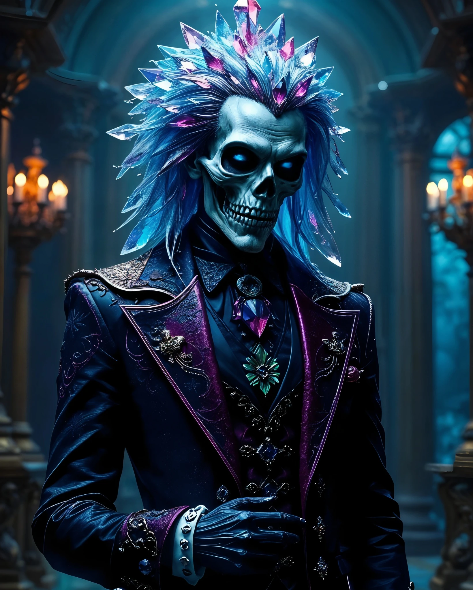 A stylized skeleton figure with a striking blue and pink crystalline hairstyle stands confidently in a lavish, dimly lit interior. The skeleton wears an elaborately designed dark suit adorned with ornate embellishments and colorful gemstones. Soft candlelight flickers in the background, enhancing the eerie yet regal atmosphere of the scene.