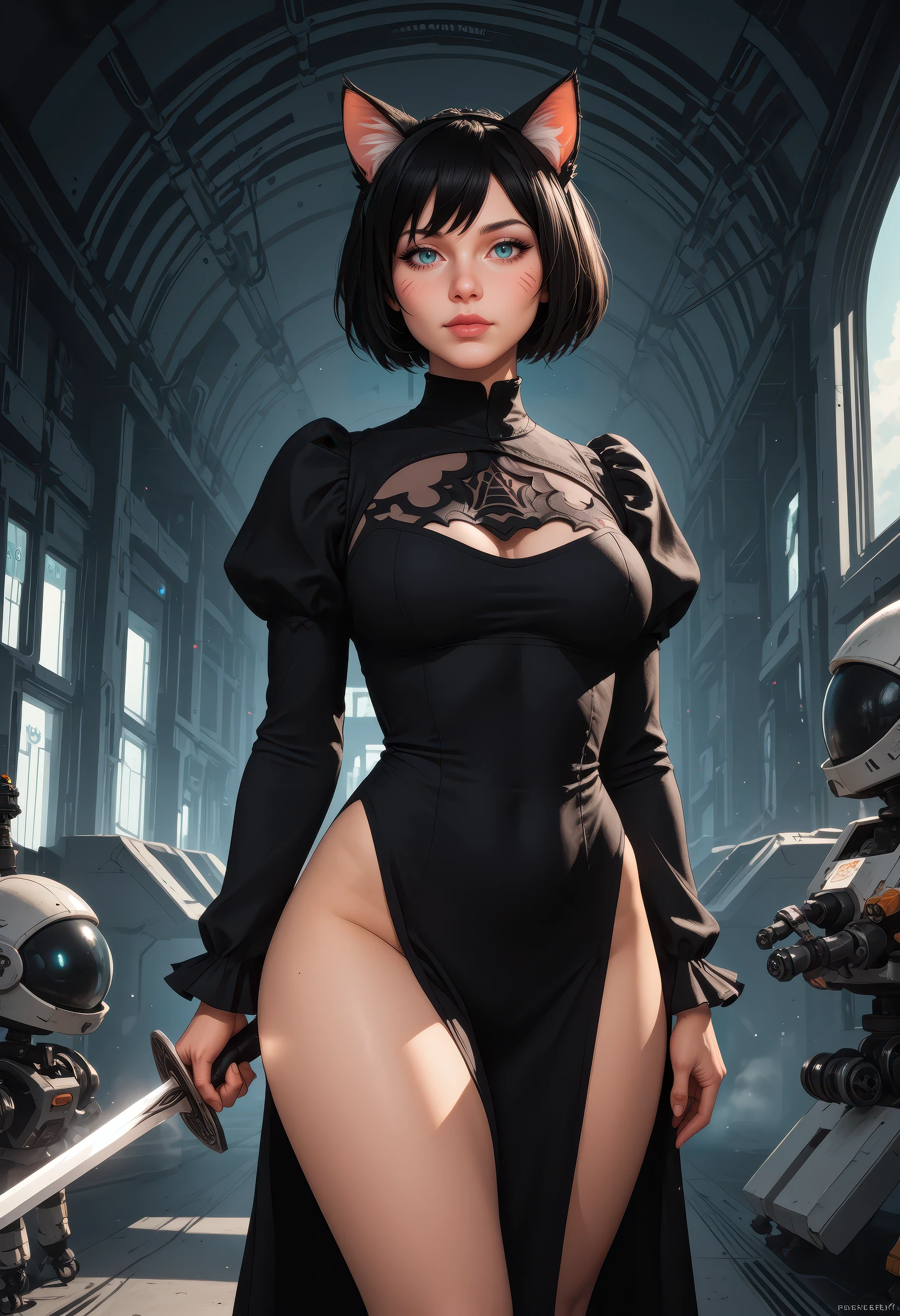 score_9, score_8_up, score_7_up, (masterpiece, best quality, ultra-detailed), curvy woman in a black dress holding a sword, spaceship, nier automata style, cosplay of a catboy! maid! dress, steam workshop