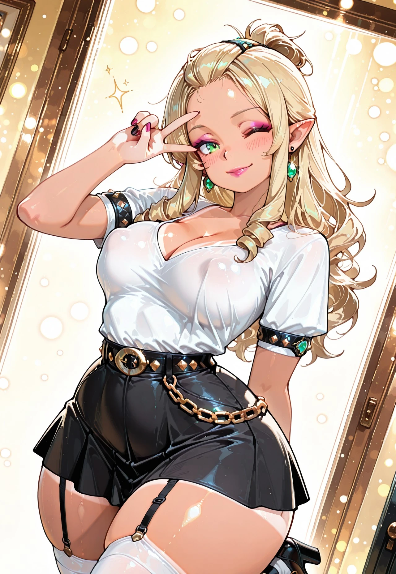 A girl in a black bikini、Wearing a hat,masterpiece, best quality) detailed,silver accessories , Blonde ,elegant, Pointed ears ,Black shirt,Black pleated skirt,Waist-length hair,Smile,Star decoration,Lace lace socks,vampire,Lace underwear,Lace stockings
