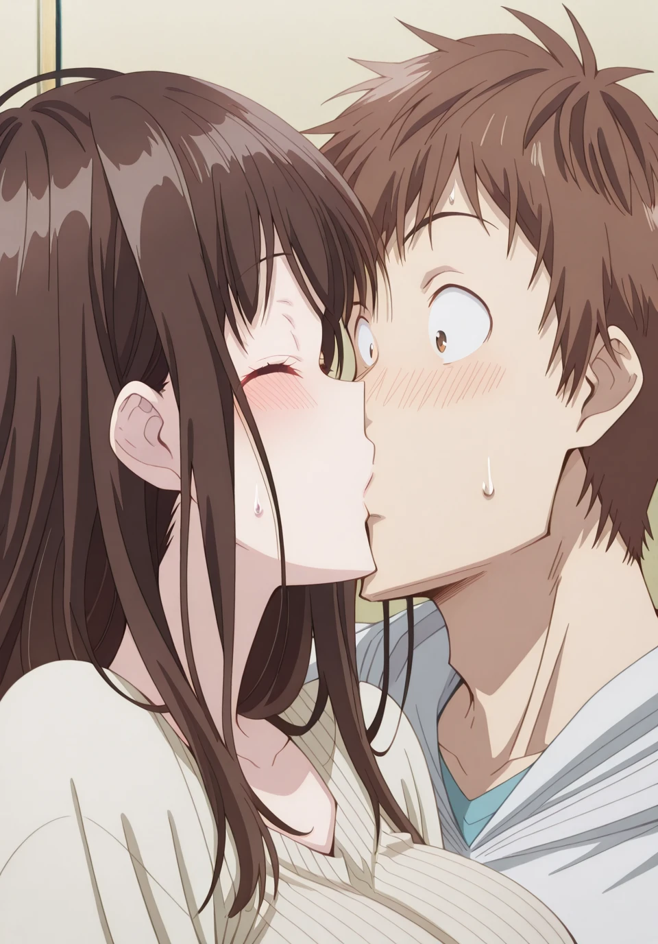 masterpiece, best quality, amazing quality,, <lora:sayu-ogiwara-s1-illustriousxl-lora-nochekaiser:1>, sayu ogiwara, long hair, bangs, brown hair, mature female, , anime screencap,, <lora:kanojo-okarishimasu-385-p14-illustriousxl-lora-nochekaiser:1>, kanojo okarishimasu 385 p14, blush, closed eyes, hetero, hood, sweatdrop, couple, kiss, surprised, close-up, wide-eyed, surprise kiss,, <lora:kazuya-kinoshita-illustriousxl-lora-nochekaiser:1>, kazuya kinoshita, 1boy, brown hair, brown eyes, short hair,, ,