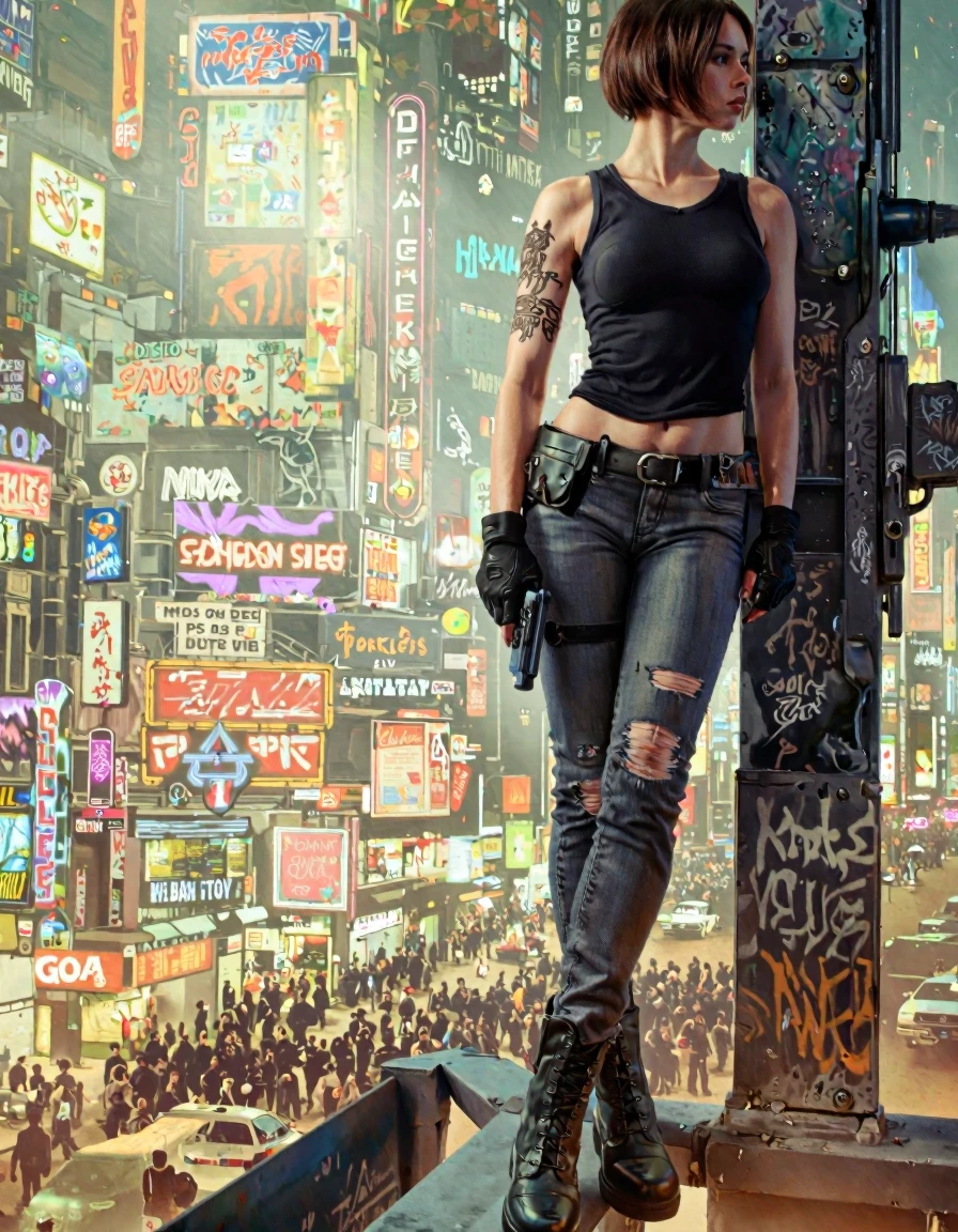 DaSeley style. A digital illustration shoot from a low angle, featuring a futuristic cityscape with neon signs and a bustling crowd in the background. in the middle of the image, a young woman stands confidently, holding a gun in her right hand, wearing a black tank top and ripped jeans, with a holster on her left thigh. she appears to be in her mid-twenties, with short brown hair styled in a bob cut and a determined expression. her body is slim and toned, and she is wearing black combat boots and black gloves. her eyes are focused intently on something in the distance, as if she is ready to take on whatever challenge lies ahead. the cityscape is bustling with activity, with neon lights and signs in various colors and styles, creating a vibrant and exciting atmosphere.
1girl, solo, breasts, looking at viewer, short hair, brown hair, gloves, holding, brown eyes, black gloves, standing, full body, weapon, boots, pants, holding weapon, fingerless gloves, belt, black footwear, black pants, gun, tank top, holding gun, holster, combat boots, torn clothes, gun holster, jeans, holding handgun, city, cityscape, shoulder tattoo, urban setting, graffiti, city lights, graffiti on clothes, police, police officer, police car
camera_angle: from below, art_style: digital illustration, location: urban city, background: bustling city street filled with people and neon signs, text: NA, distance_to_camera: upper body, clothing: black sleeveless top, image_composition: middle, pants: ripped denim, accessory: gloves, shoes: black boots, action: standing on a ledge, facing_direction: facing viewer, facial_expression: determined, eye_direction : looking to the side, ear: N/A, eye _color: brown, gender: 1woman, hair_color: dark brown, hair _style: short bob cut, race: light skin, body: slim