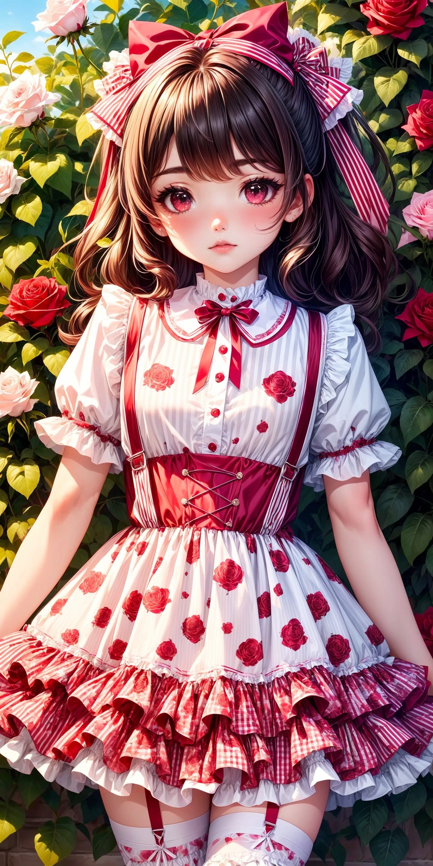 Red, Pink and White Striped Gingham Rose Print Dress v1.0