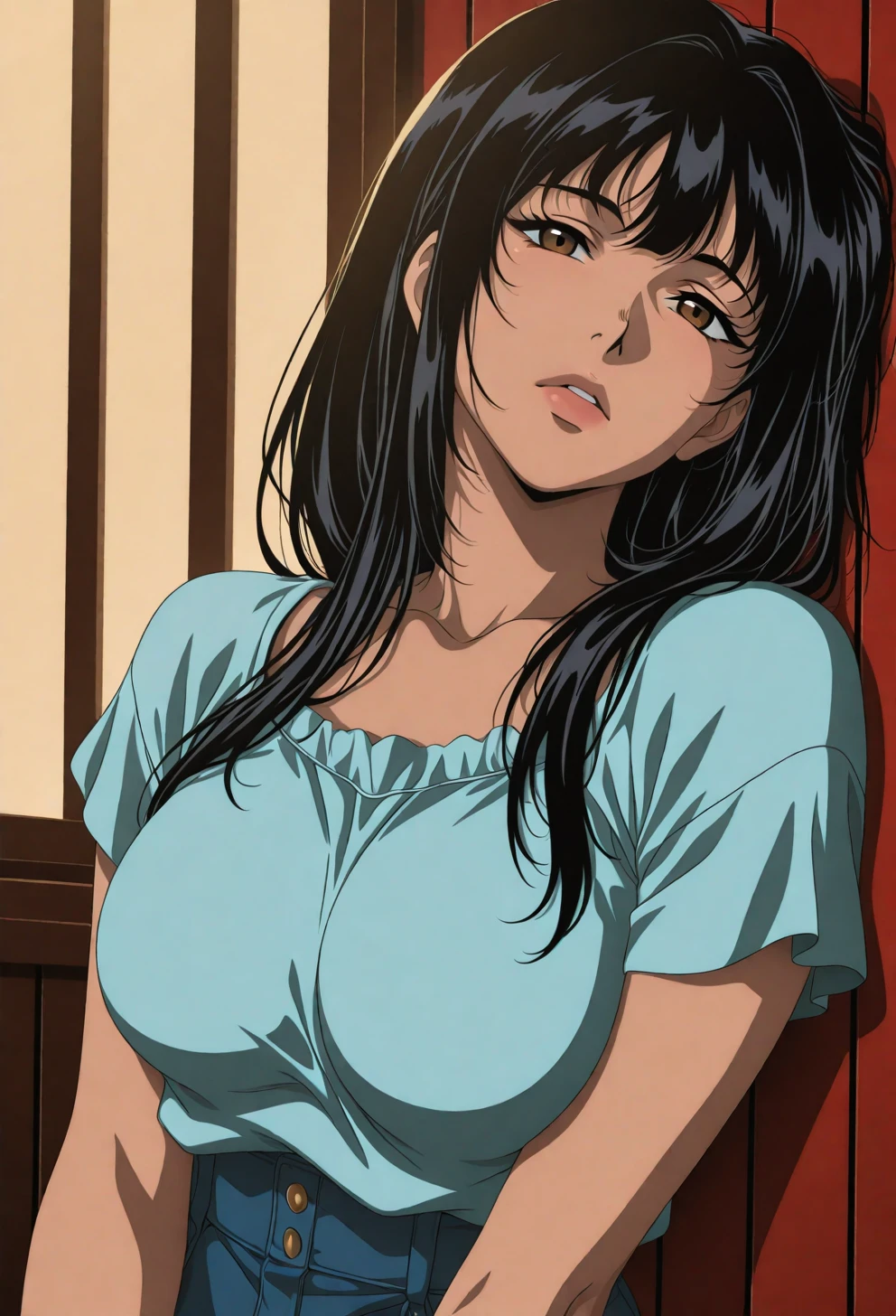 <lora:Sysdeep_char9 - [Custom Character] - IllustriousXL v1:1> sysdeep_char9, 1girl, solo, long hair, black hair, brown eyes, large breasts, leaning against wall, casual outfit, intense look, moody lighting, anime coloring
