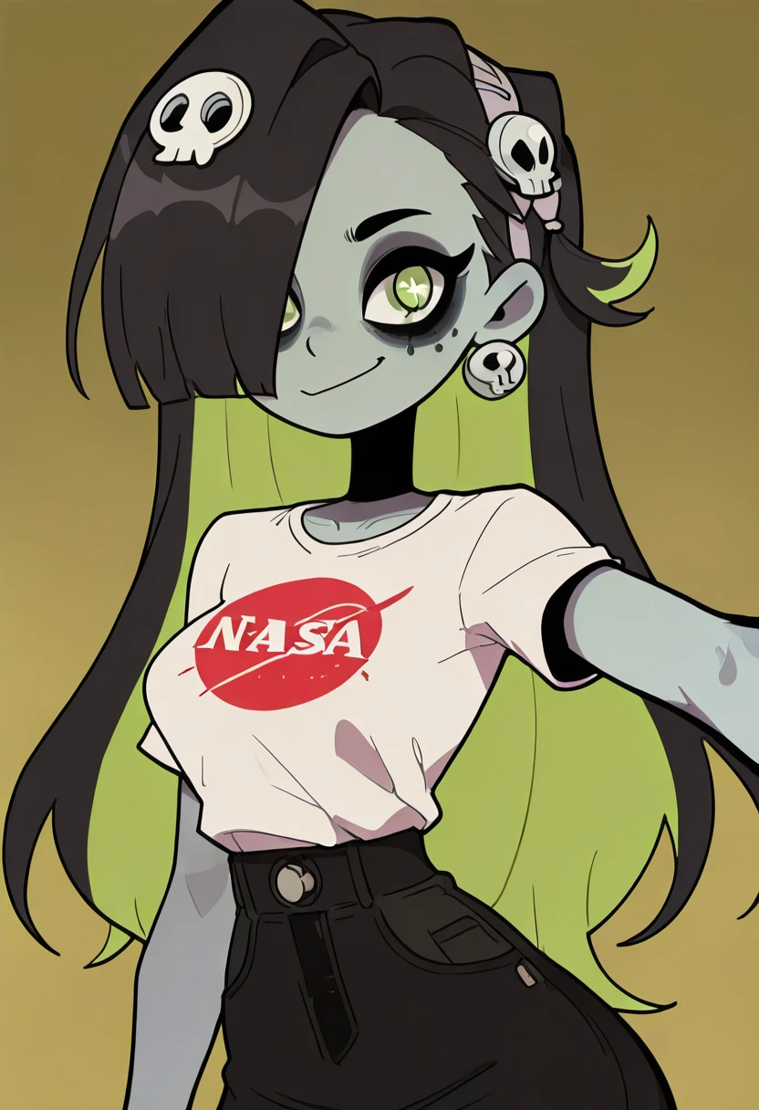 masterpiece, best quality, solo, curvy, beautiful eyes, narrow waist, wide hips, 1girl, solo, smile, looking at viewer, foreshortening, close up,   skindentation, tight clothes,   zzCadavera, green eyes, grey skin, hair over one eye, black hair, colored inner hair, green hair, hair ornament, long hair, multicolored hair, skull hair ornament, two-tone hair, zombie,  <lora:CadaveraDedeye_v2:1.0>,  , smile, looking at viewer, N4S4, white shirt, denim skirt, ,<lora:NASAShirtAnime_IXL_v1:1.0>,