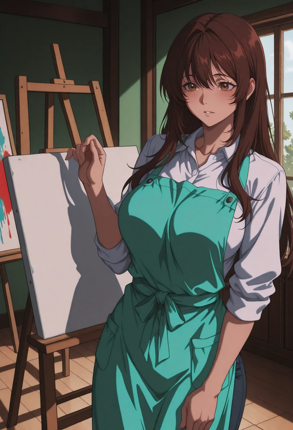 <lora:Sysdeep Char2 - [Custom Character] - IllustriousXL v1:1>,  sysdeep_char2, 1girl, long hair, , brown hair, brown eyes, painting, easel, indoors, apron, focused expression, light-filled studio