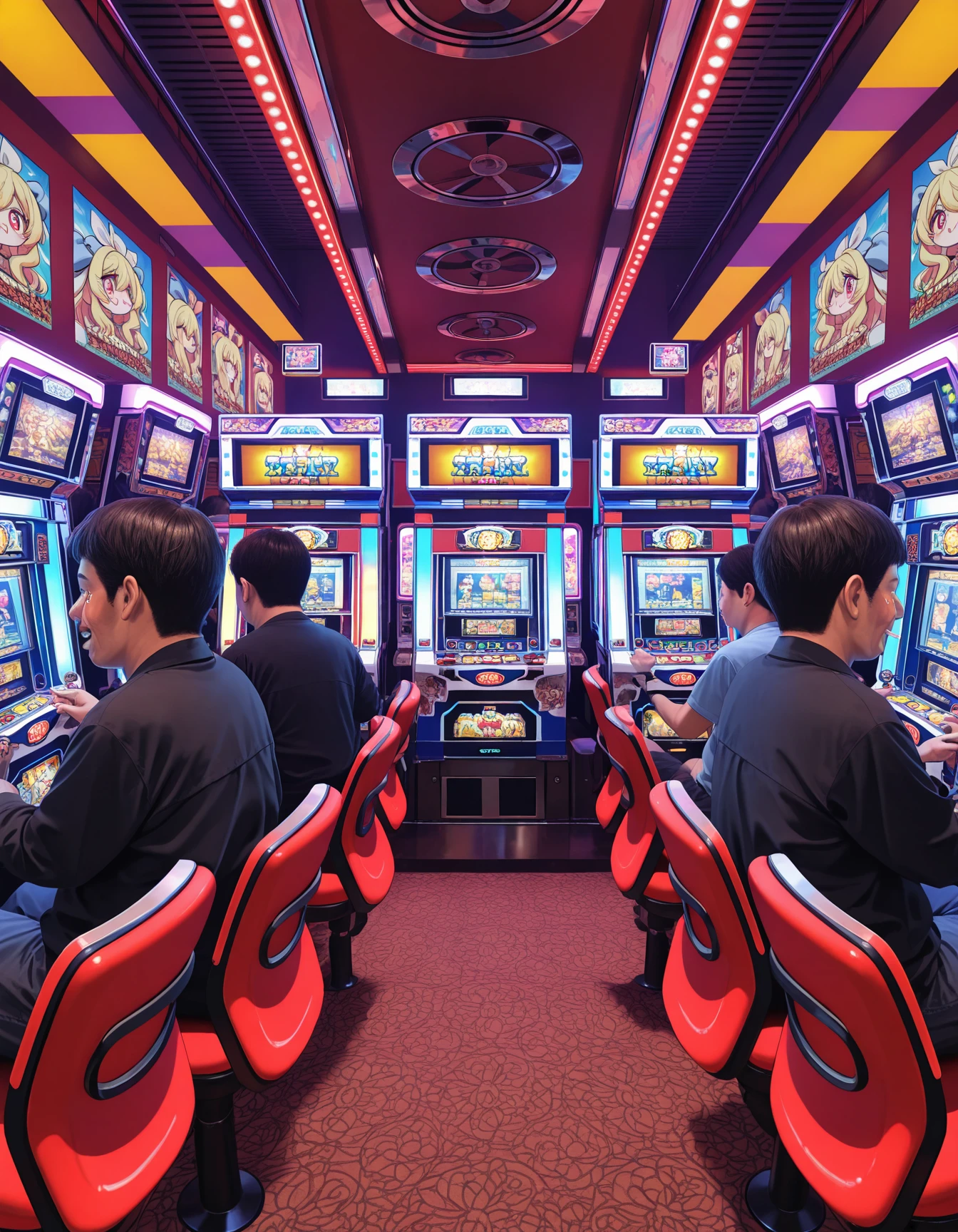 indoors, pachislo_parlor, poster (object), carpet, many one-leg column base with round foot chair, neon lights, reflection, pachislot machines in a Japanese arcade, arcade slot cabinet,Japanese arcade slot machine, vibrant LED, dynamic reflections, three spinning reels, monitor,
spinning reels, monitor,  sitting, playing machinery, looking at machinery,
 <lora:pachislo_parlor_Illustrious_2.0-XL_v2:1>
(crowd:1.4) 
(Jashin-chan, lamia,tears, ;1.2)
blush, sitting, playing machinery, cigarette, v-shaped eyebrows, looking at machinery, angry, clenched teeth, masterpiece, newest, absurdres, best quality, amazing quality, very aesthetic, ultra-detailed, highly detailed