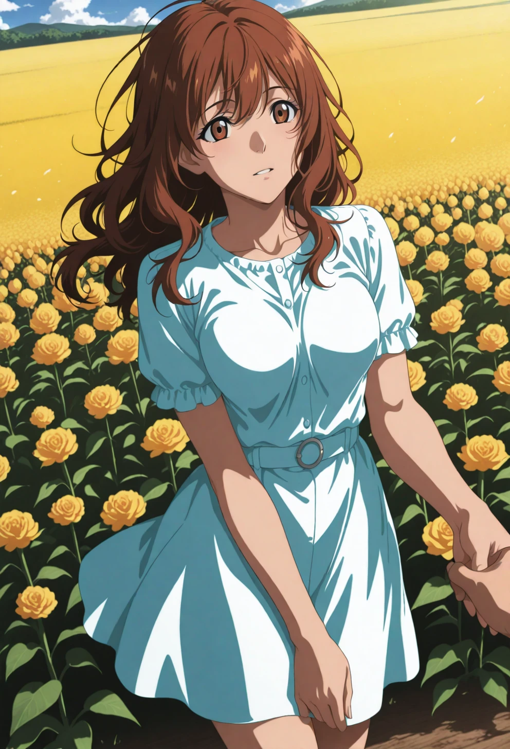<lora:Sysdeep_char16 - [Custom Character] - IllustriousXL v1:1> sysdeep_char16, 1girl, solo, brown hair, brown eyes, wavy hair, long hair, , holding hands, field of flowers, soft breeze, tender moment, sunny day, anime coloring