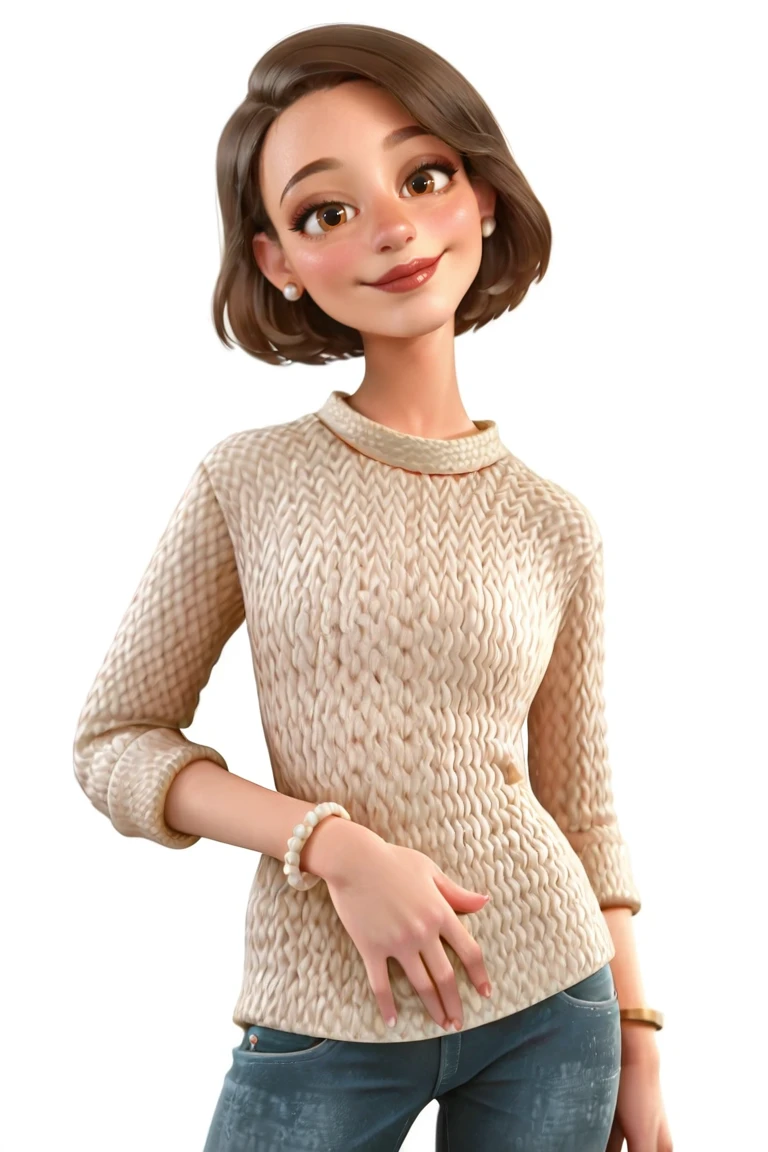 source_cartoon,best quality,amazing quality,nsfw,,white background,looking at viewer,,,horny,headtilt,
standing, 1girl, solo,,sweater, jeans
 <lora:TK Mom IL:1> 1girl,  tk_mom, bracelet, brown hair, brown eyes, lips, lipstick, pearl earring, white sclera, smiling