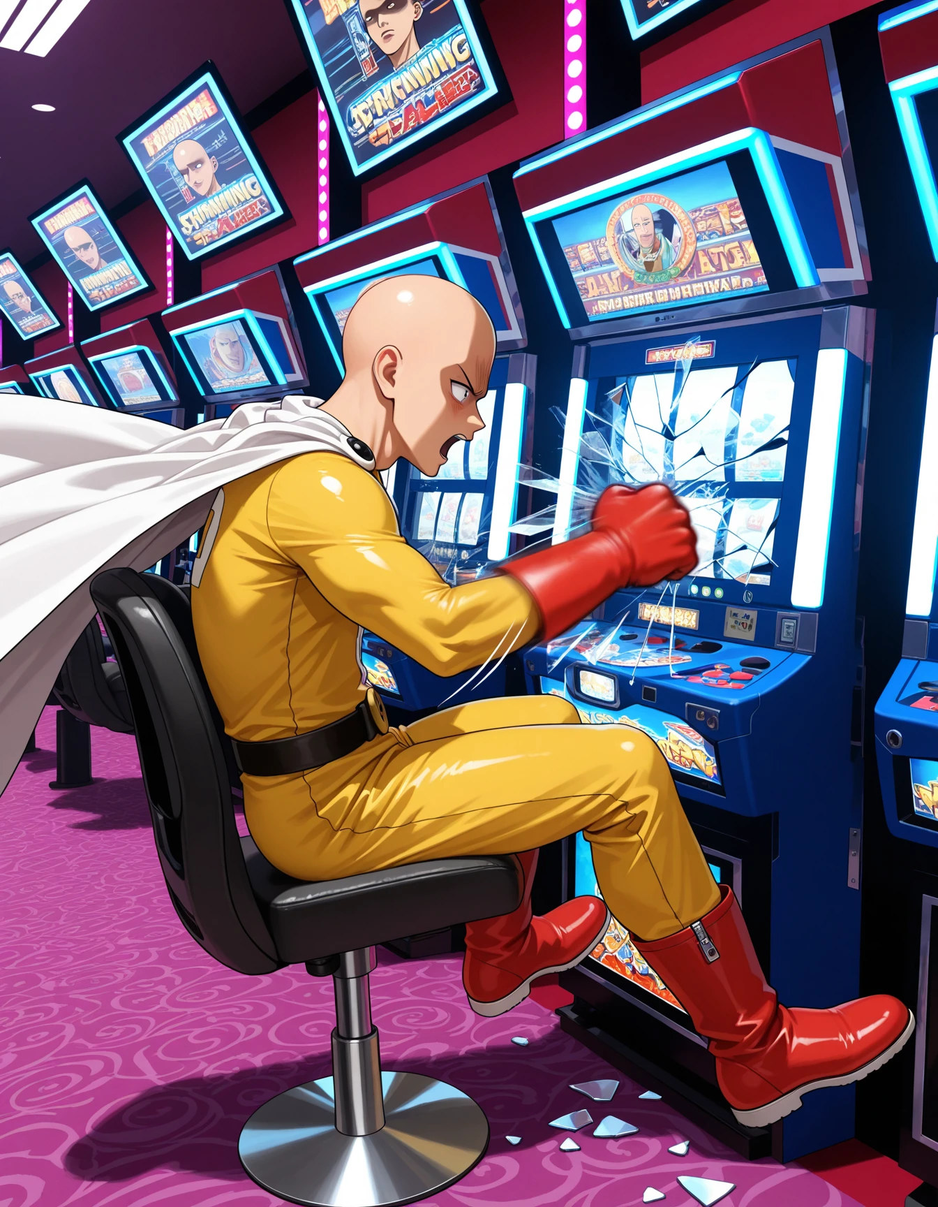 indoors, pachislo_parlor, poster (object), carpet, many one-leg column base with round foot chair, neon lights, reflection, pachislot machines in a Japanese arcade, arcade slot cabinet,Japanese arcade slot machine, vibrant LED, dynamic reflections, three spinning reels, monitor,
spinning reels, monitor,  sitting, playing machinery, looking at machinery,
 <lora:pachislo_parlor_Illustrious_2.0-XL_v2:1>
saitama \(one-punch man\), 
0pm, 1boy, bald, brown eyes
yellow , zipper, black belt, belt buckle, white cape, red gloves, red boots
1boy,solo
blush, sitting, playing machinery, looking at machinery,, 
 ( punching machinery,broken glass,shards:1.3) 
(shaded face:1.3), open mouth, v-shaped eyebrows, (motion lines, motion blur,:1.5 ),from side, (broken glass,shards:1.5), masterpiece, newest, absurdres, best quality, amazing quality, very aesthetic, ultra-detailed, highly detailed