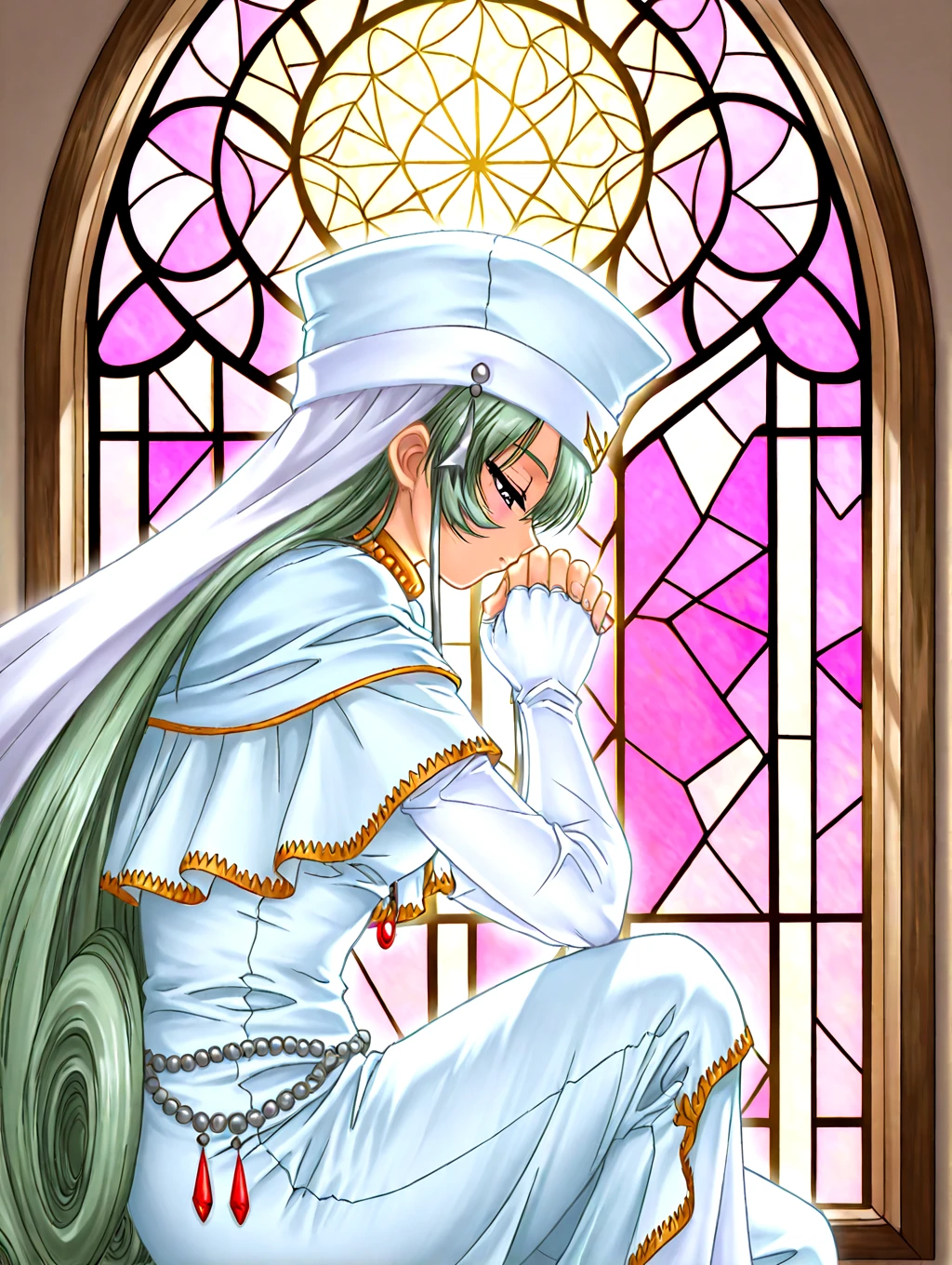 <lora:IL-D2SOPHIA:1>,d2sophia,1girl,solo,long hair,green hair,white fingerless elbow gloves,jewelry,hat,dress,long sleeves,purple eyes,white dress,capelet,very long hair,necklace,red gem,
praying,holy,cathedral,on one knee,stained glass,window light,twilight,charter shadow,
face on window,holding iron cross,half-closed eyes,
1990s \(style\),from side,medium_shot,