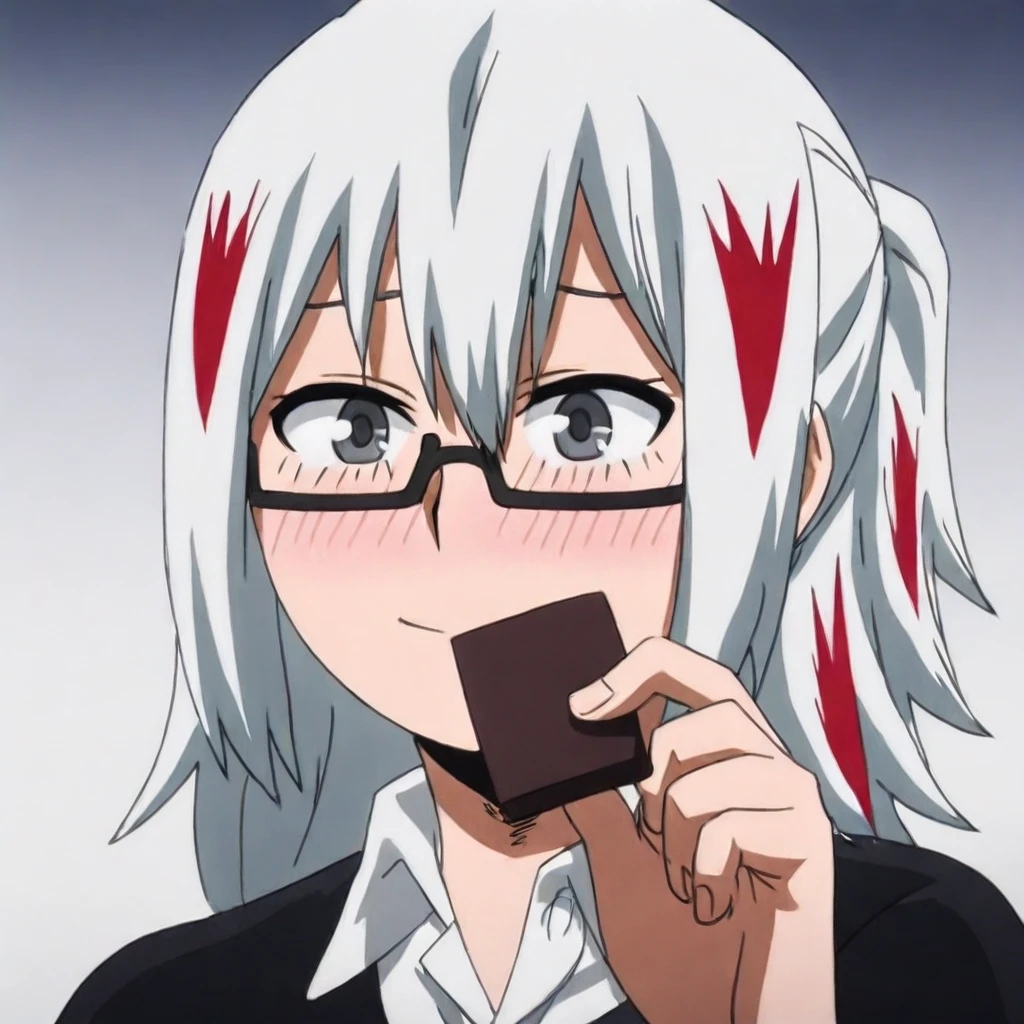 fuyumi todoroki \(mha\), white hair, medium hair, red streaks in hair, grey eyes, eyeglasses, jacket, open clothes, white undershirt, belt, pants, heels, large breasts, 1girl, solo, giving chocolate, shy, blushing, anime screencap, simple background, masterpiece