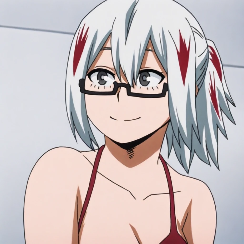 fuyumi todoroki \(mha\), white hair, medium hair, red streaks in hair, grey eyes, eyeglasses, red bikini, large breasts, 1girl, solo, sitting at beach, smiling, anime screencap, simple background, masterpiece